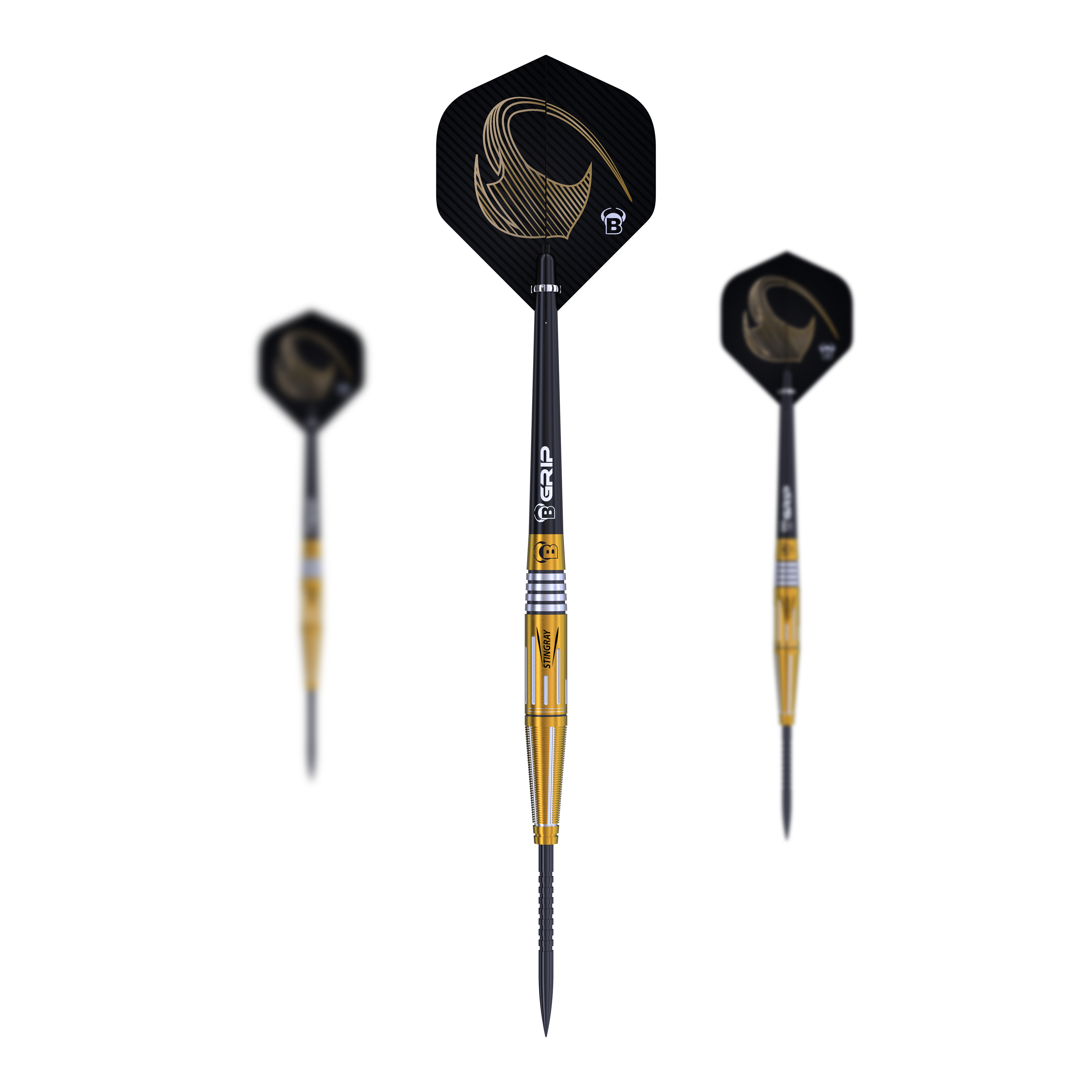 Fléchettes en acier Bulls Stingray ST4 Das Bild zeigt drei Steeldarts des Modells "Bulls Stingray ST4". Die Darts haben goldene und schwarze Akzente sowie Flights mit einem goldenen Muster.