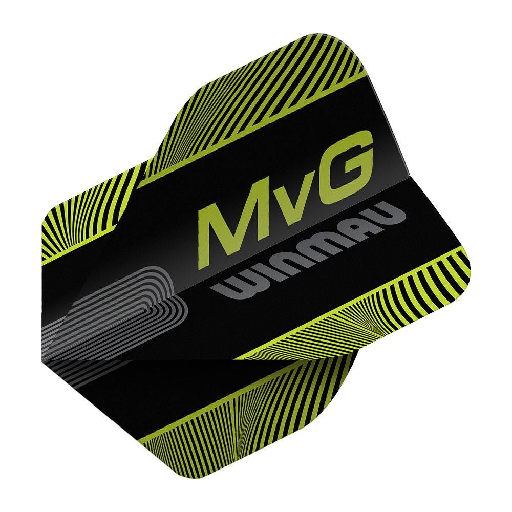 Vols standard Winmau Prism Delta MvG Noir Vert Texte N°2 Abgebildet sind die Winmau Prism Delta MvG Black Green Text No2 Standard Flights. Diese Dart-Flights haben ein schwarzes und grünes Farbmuster mit Schriftzug.