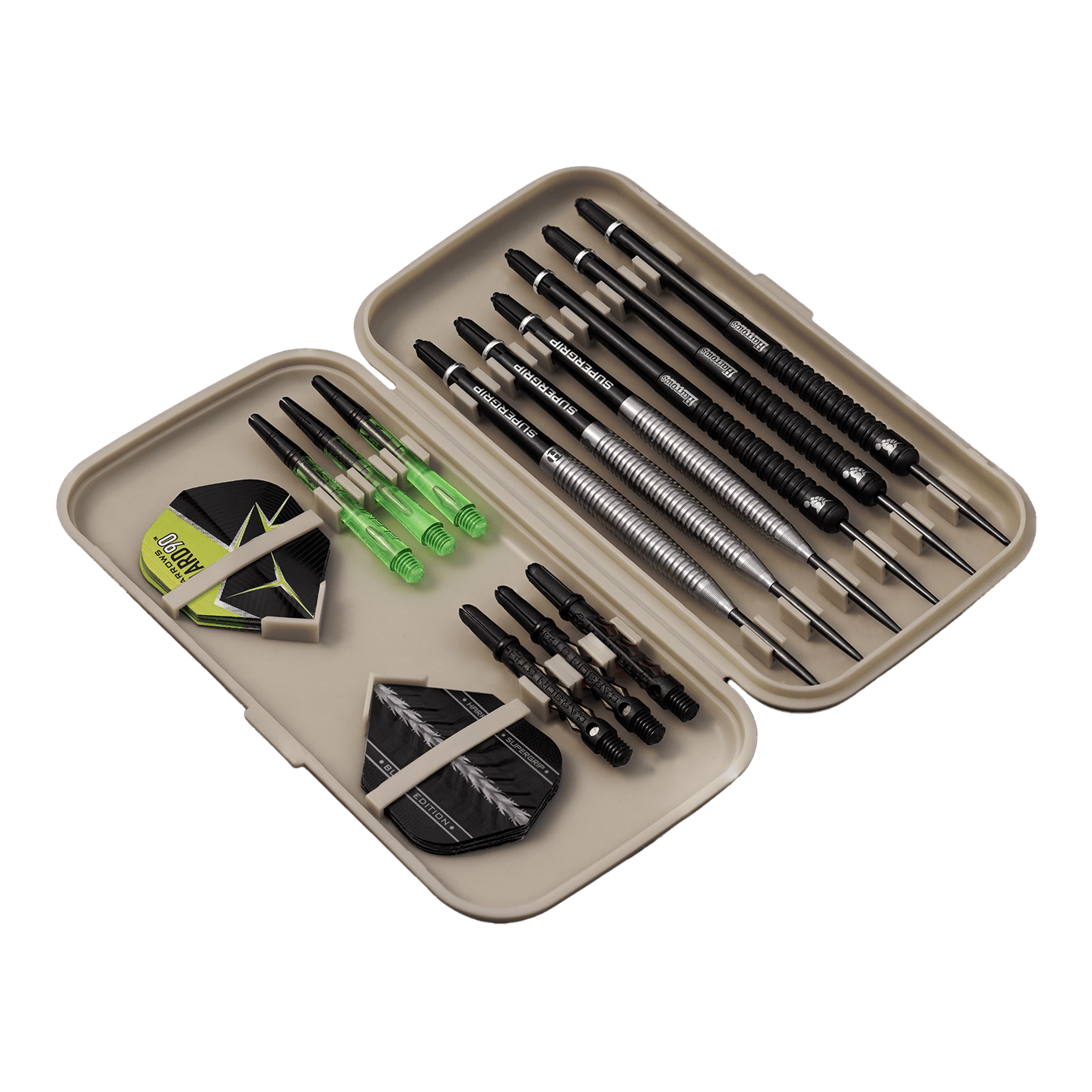Étui à fléchettes Harrows Slimcase Die Abbildung zeigt ein geöffnetes Etui mit mehreren Darts, Ersatzflights und Shafts. Die Darts und Zubehörteile sind ordentlich in dem hellgrauen Slimcase sortiert.