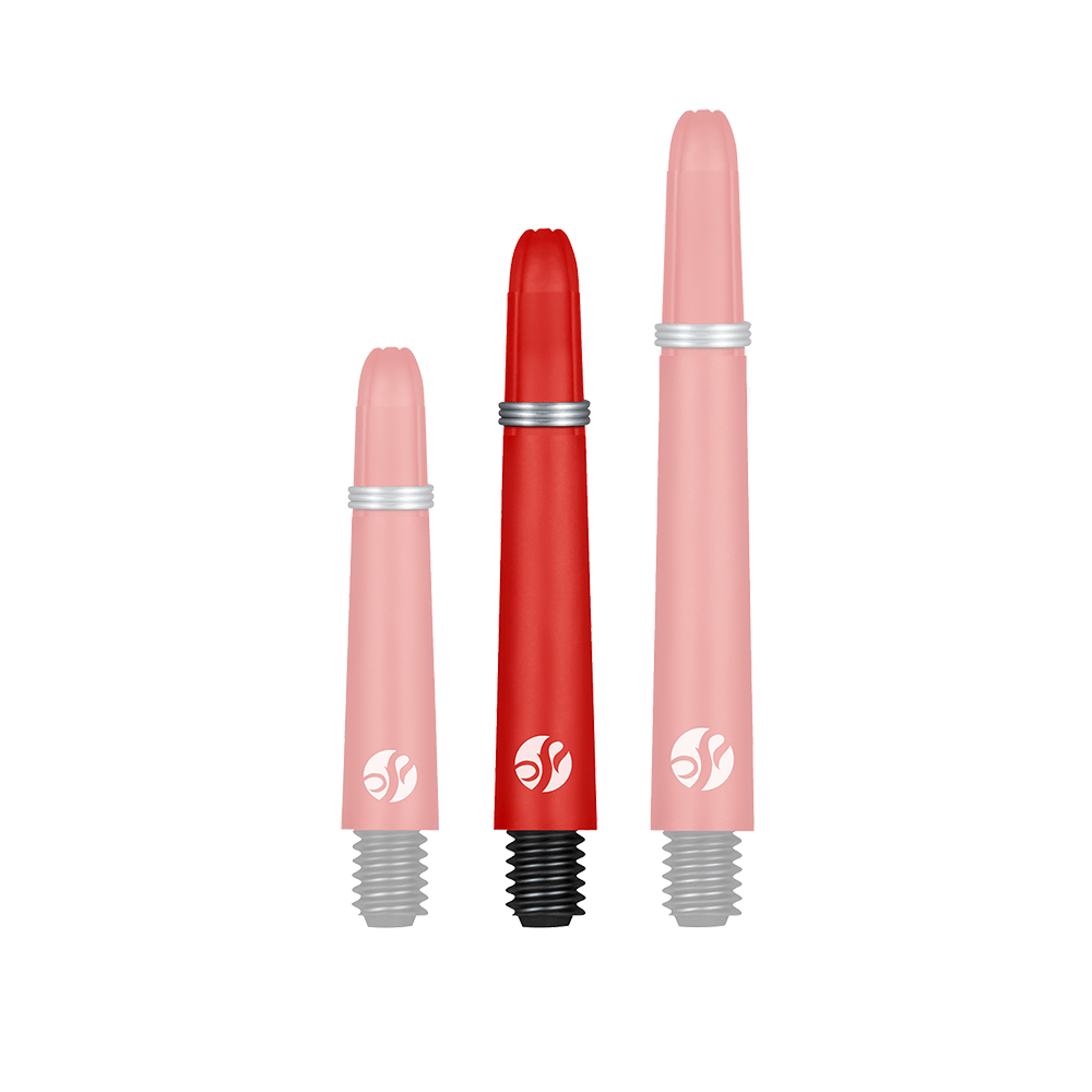Tiges en carbone Shot Koi - Rouge Das Bild zeigt drei rote Dartschafts in unterschiedlichen Längen. Sie haben schwarze Gewinde und Silberringe zur Befestigung.