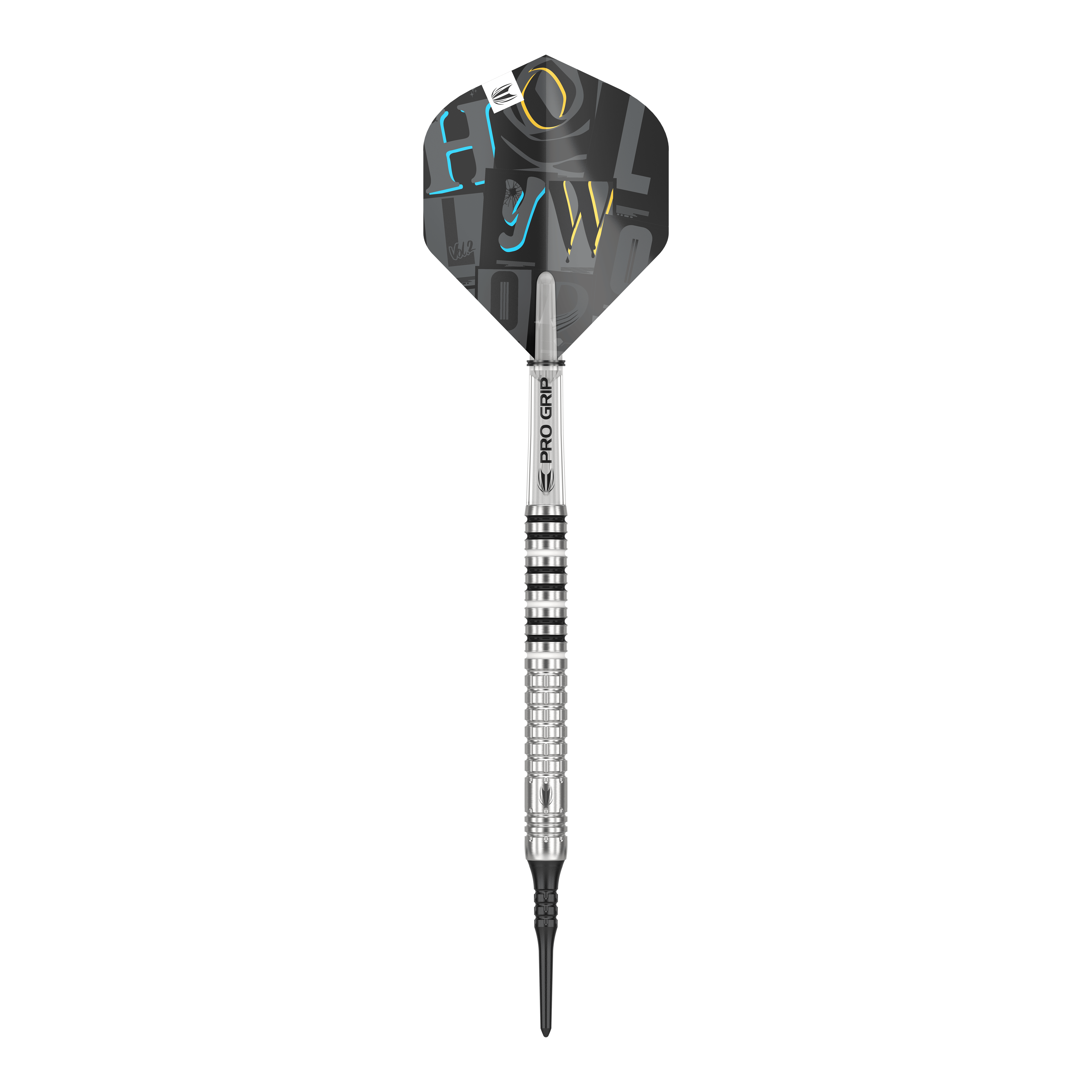 Target Chris Dobey GEN1 Softdarts - 19g Das Bild zeigt einen Target Chris Dobey GEN1 Softdart mit einem Gewicht von 19g. Der Dart hat ein silbernes Barrel mit Rillen und einen schwarzen Flight mit bunten Buchstaben.