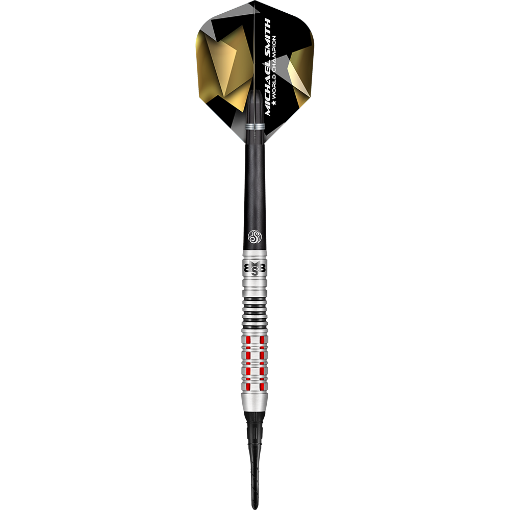 Shot Michael Smith Croyez aux fléchettes souples Das Bild zeigt den Softdart „Shot Michael Smith Believe“. Der Dart hat ein schwarzes Flight mit goldenen Akzenten und eine silberne Spitze mit roten Ringen.