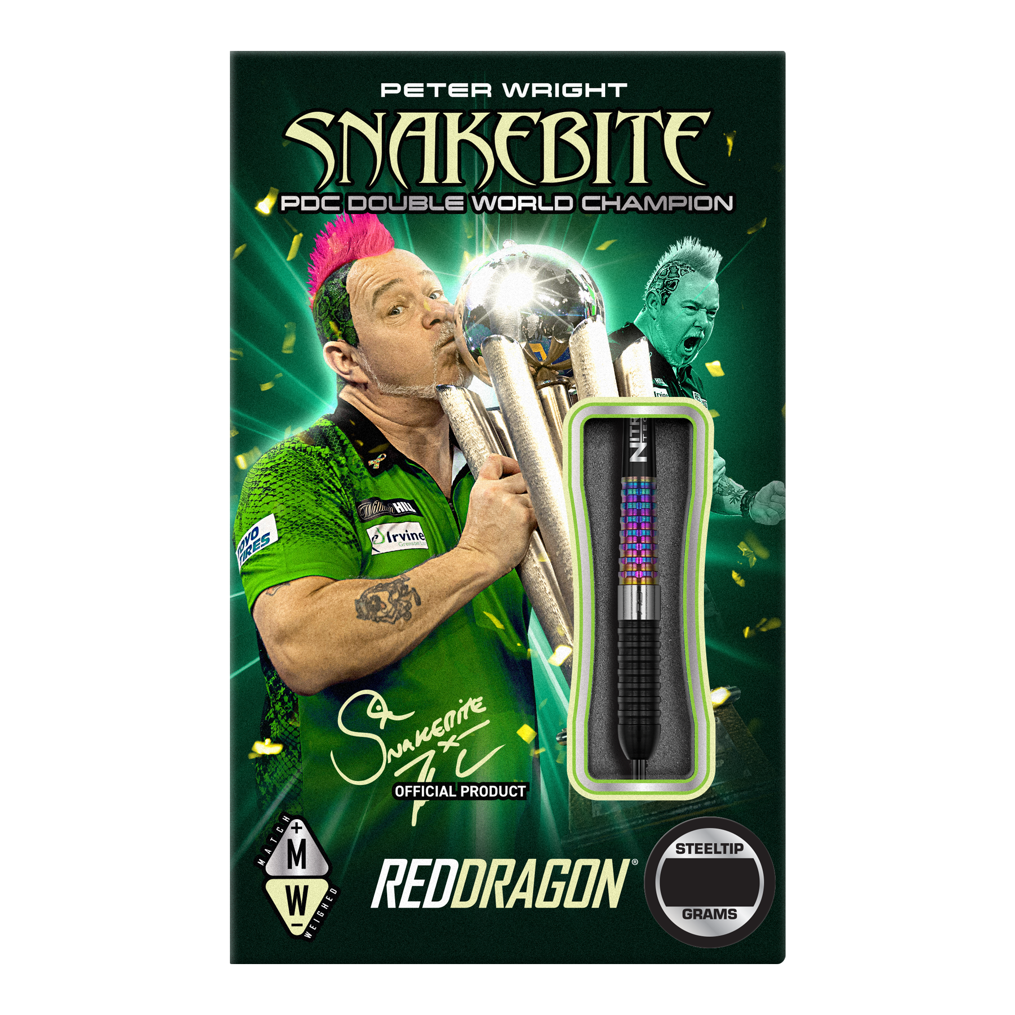 Fléchettes en acier Red Dragon Peter Wright Corra Das Bild zeigt die Verpackung der "Red Dragon Peter Wright Corra Steeldarts". Auf der Verpackung ist Peter Wright mit einer Trophäe sowie ein Dartpfeil abgebildet.