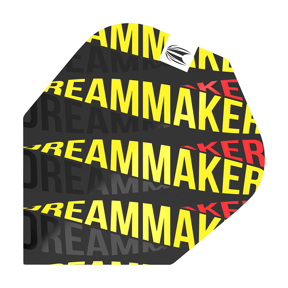 TG79_336530_Target_Pro_Ultra_Dimitri_Van_Den_Bergh_80_No6_Flights_1PJeQxdzcWyWrv Das Bild zeigt das Dartflight "Target Pro Ultri Dimitri Van Den Bergh 80 No6". Das Flight ist schwarz mit dem gelben und roten Schriftzug "DREAMMAKER" bedruckt.