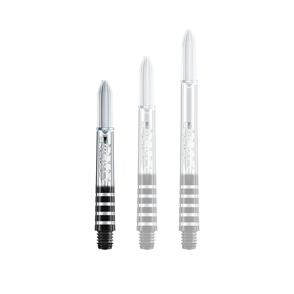 7020-106_Winmau_Prism_Force_Shafts_Clear_35mm_14nyeBjciOhjoP Das Bild zeigt drei transparente Dartschäfte in unterschiedlichen Längen. Die Schäfte haben schwarze und silberne Ringe am unteren Ende.