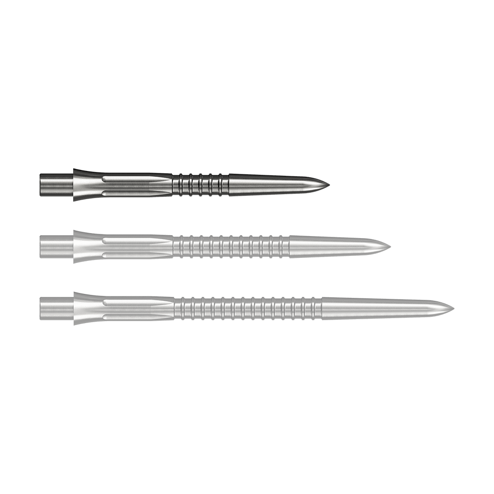 Embouts de fléchettes Mission Caliburn EVO GV1 - argent Das Bild zeigt Steeldartspitzen in Silber mit einer Länge von 26 mm. Einzelne Spitzen sind gut erkennbar dargestellt.