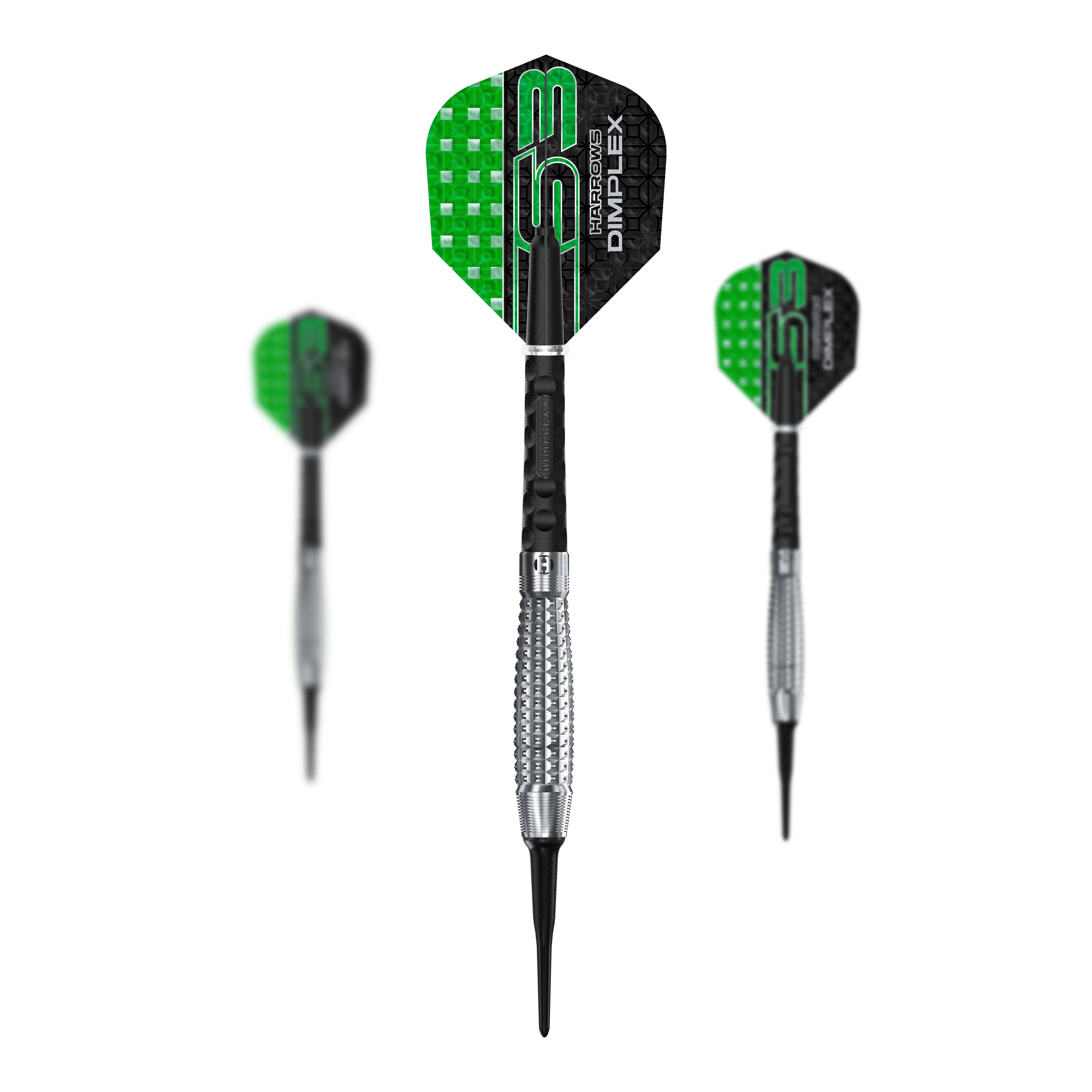 Fléchettes souples Harrows Dimplex S3 Bomb Harrows Dimplex S3 Bomb Softdarts sind als Set abgebildet. Die Darts sind kompakt geformt.