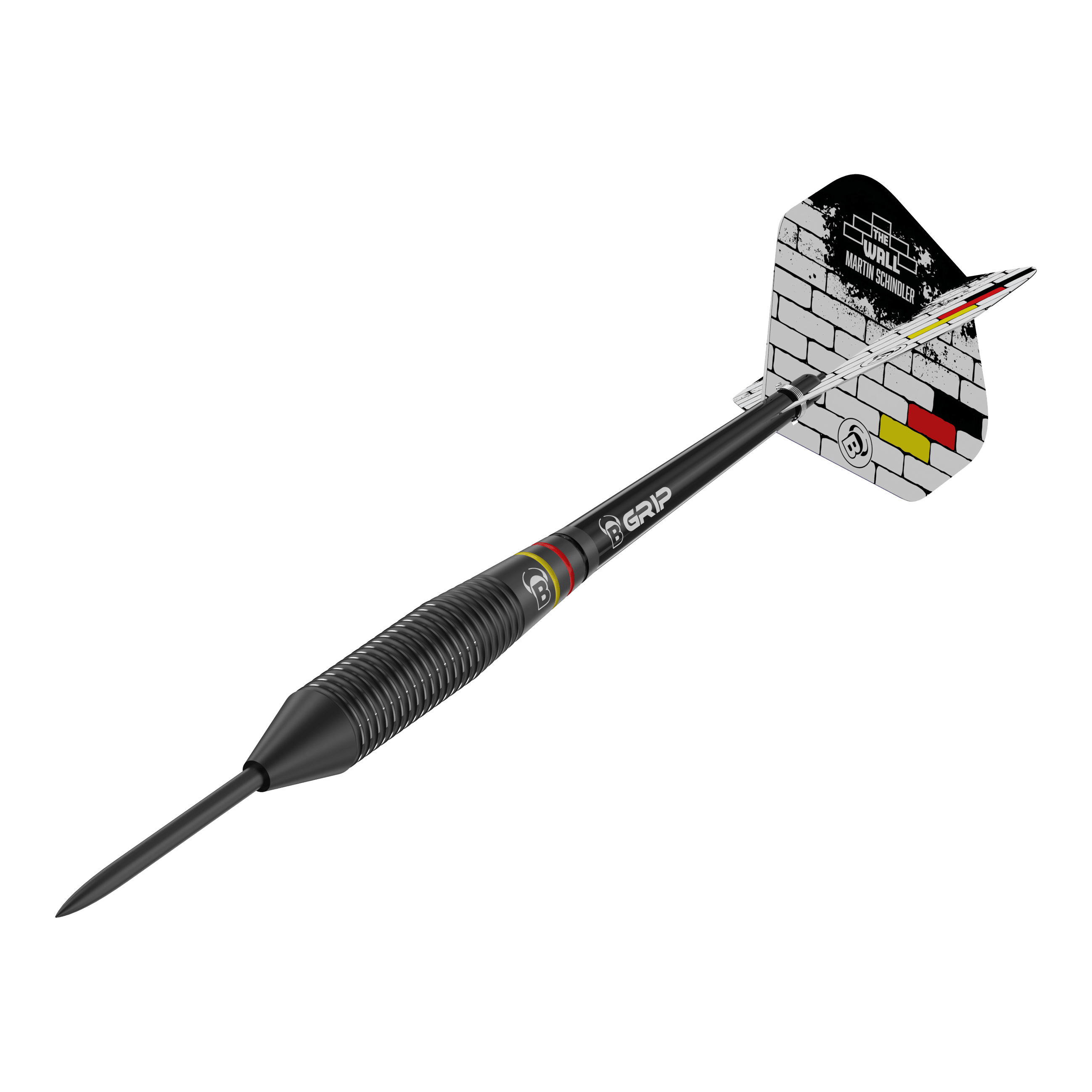 Taureaux Martin Schindler Le Mur Fléchettes en laiton noir Auf dem Bild ist ein schwarzer Steeldart mit der Aufschrift "Bulls Martin Schindler The Wall Black Brass Steeldarts" zu sehen. Die Flights zeigen ein Ziegelsteinmuster mit Schwarz-Rot-Goldenen Akzenten.