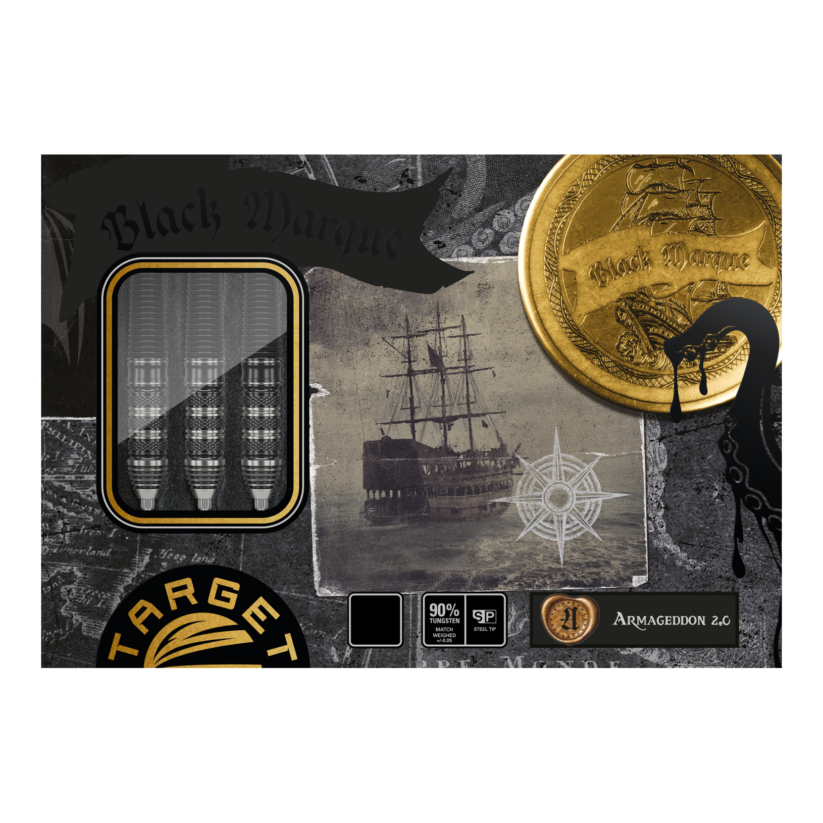 Fléchettes en acier Target Japan Black Marque Armageddon GEN2 Swiss Point Das Bild zeigt die Verpackung der "Target Japan Black Marque Armageddon GEN2 Swiss Point Steeldarts". Auf der Verpackung sind drei Darts, ein altes Segelschiff und goldene Münzen abgebildet.