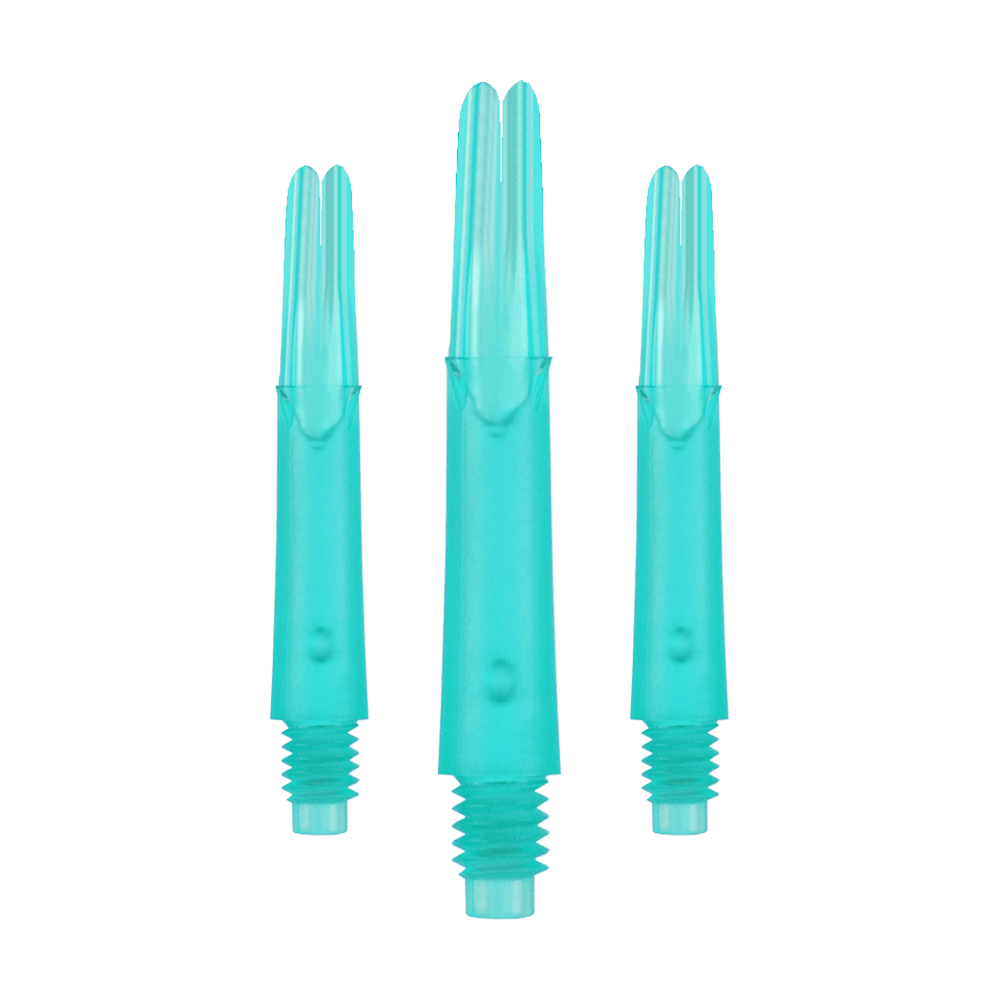 Arbres en L verrouillés droits - Émeraude Das Bild zeigt drei türkisfarbene Dartshafts aus Kunststoff in einer Reihe. Sie haben ein gerades Design und sind unten mit einem Gewinde versehen.
