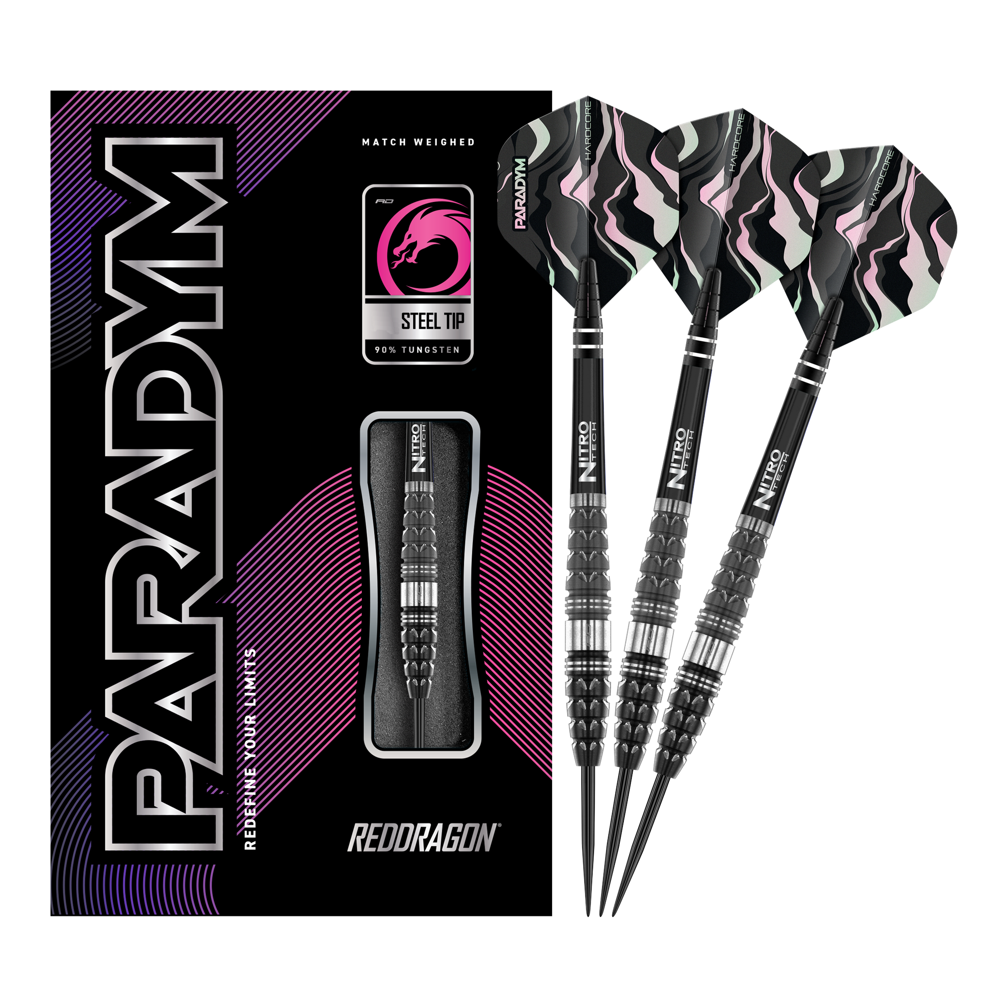 Fléchettes en acier Red Dragon Paradym Torpedo Das Bild zeigt die Red Dragon Paradym Torpedo Steeldarts zusammen mit ihrer Verpackung. Die Darts haben ein schwarz-silbernes Design und sind für Präzision und Langlebigkeit bekannt.