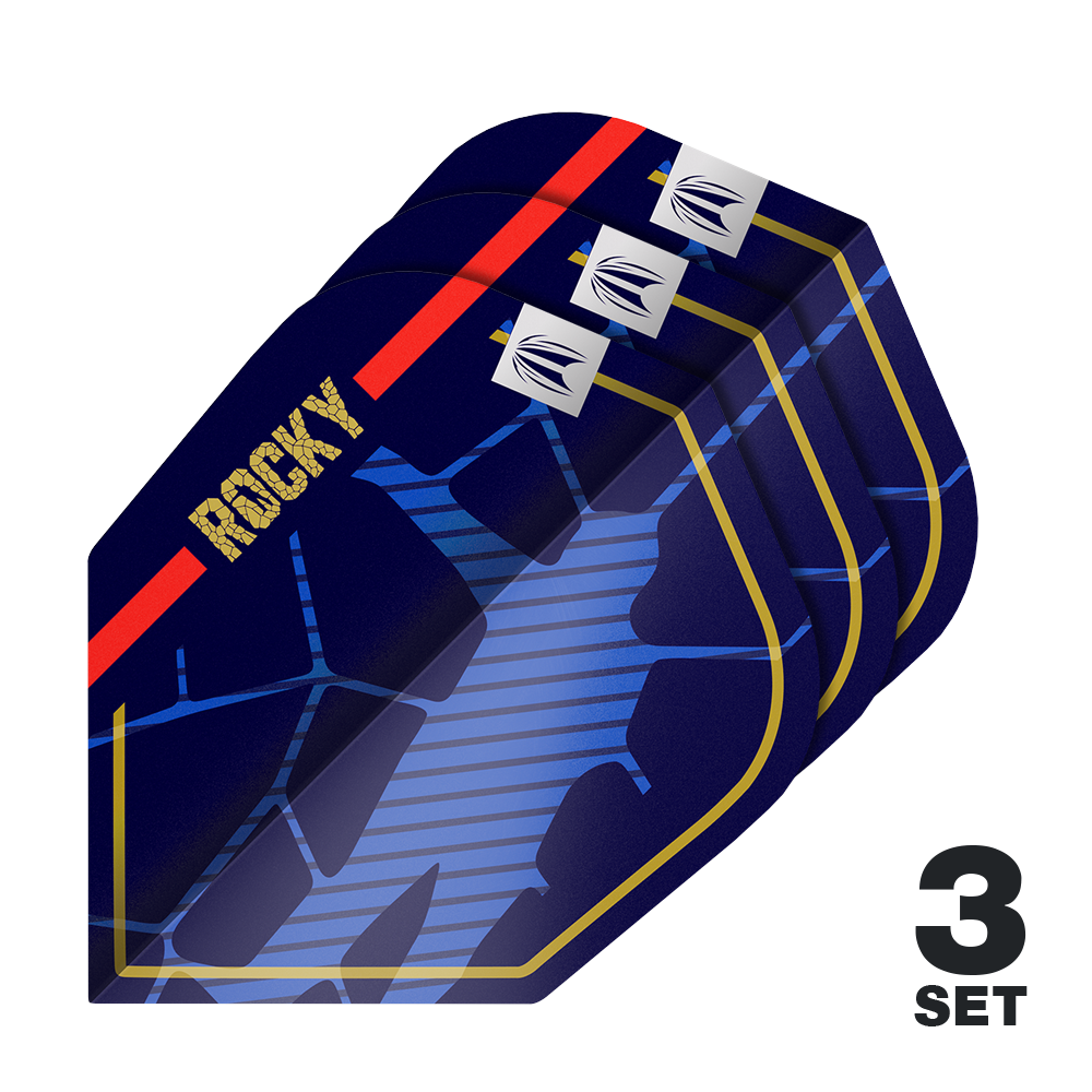 Ailettes Target Pro Ultra Josh Rock GEN1 n°6 - 3 jeux Das Bild zeigt drei Sätze der Target Pro Ultra Josh Rock GEN1 No6 Flights. Die Flights sind dunkelblau mit goldenen, roten und blauen Designelementen sowie dem Schriftzug "ROCKY".