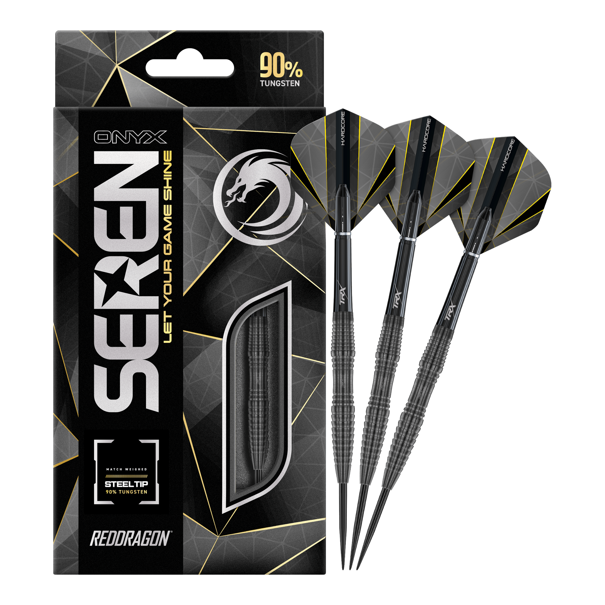 Fléchettes en acier Onyx Seren 3 du Dragon Rouge Das Bild zeigt die Red Dragon Seren 3 Onyx Steeldarts mit einer schwarzen Verpackung. Drei schwarze Steeldarts mit modernen Flights sind neben der Verpackung abgebildet.