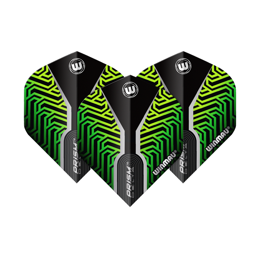 Vols standard Winmau Prism Delta Kairos n°2 Vert Das Bild zeigt drei Dart-Flights des Modells "Winmau Prism Delta Kairos No2 Standard" in Grün. Die Flights haben ein auffälliges Muster in Grün und Schwarz mit weißen Akzenten und dem Winmau-Logo.
