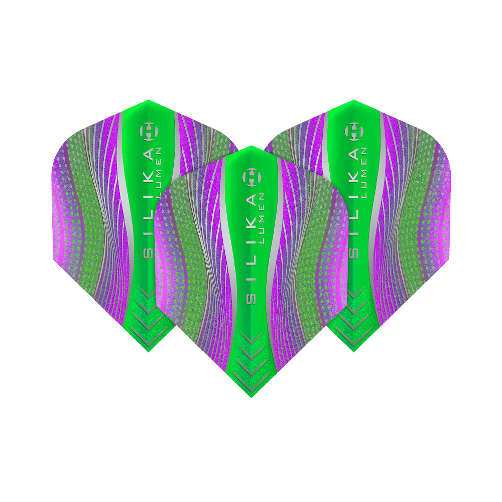 HF5125_Harrows_Silikia_Lumen_Purple_Green_No6_Flights_1yJ34B48Q5pQhO Das Bild zeigt drei Harrows Silika Lumen Purple Green No6 Flights. Die Flights sind in leuchtenden Grün- und Lilatönen mit modernen Mustern gestaltet.