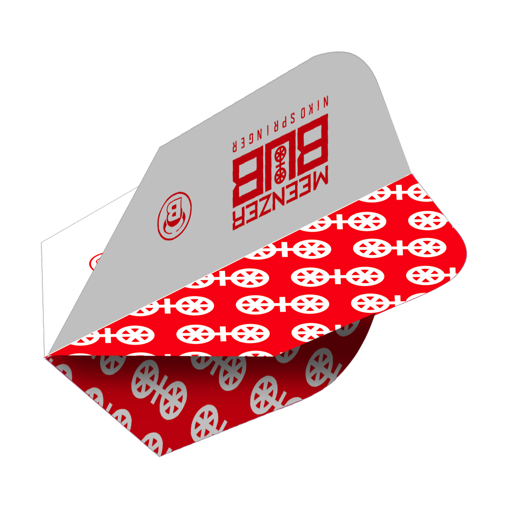 Vols Bulls X-Powerflite Niko Springer XXL B-Standard Das Bild zeigt ein Bulls X-Powerflite Niko Springer XXL B-Standard Flight für Dartpfeile. Das Flight ist in Grau und Rot gestaltet und mit auffälligen Mustern sowie dem Namen des Spielers bedruckt.