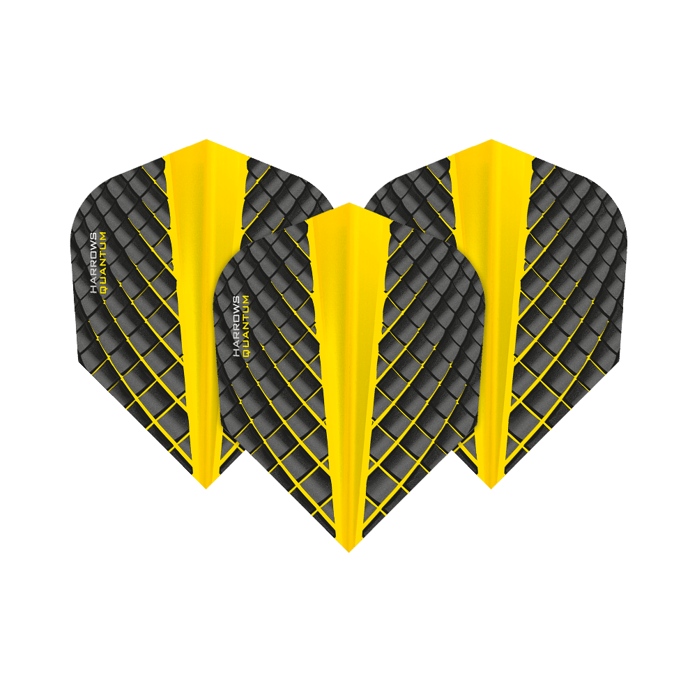 HR6809_Harrows_Quantum_Gelb_No6_Flights_1HPu4XqgIUNpuN Das Bild zeigt drei Harrows Quantum Gelb No6 Flights für Dartpfeile. Sie sind schwarz-gelb gemustert mit einem auffälligen Rautenmuster.