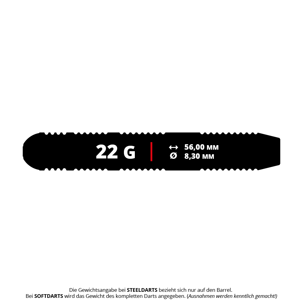 Fléchettes en acier laiton Target Josh Rock - 22 g Das Bild zeigt die Maße des Produkts "Target Josh Rock Brass Steeldarts - 22g". Der Dart wiegt 22 Gramm, ist 56,00 mm lang und hat einen Durchmesser von 8,30 mm.