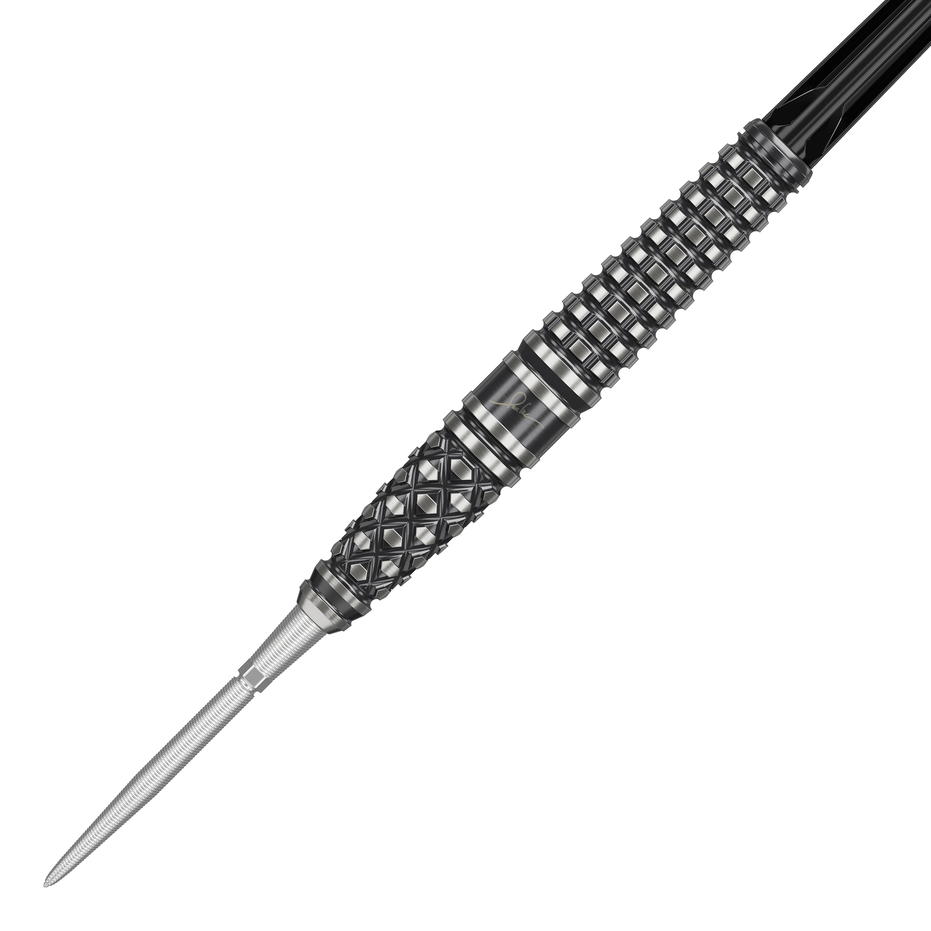 Target Japan Paul Lim The Legend GEN8 Swiss Point Steeldarts - 24 g Das Bild zeigt einen Target Japan Paul Lim The Legend GEN8 Swiss Point Steeldart mit 24g Gewicht. Der Dart hat ein detailreiches, strukturiertes Griffdesign in Schwarz und Silber.