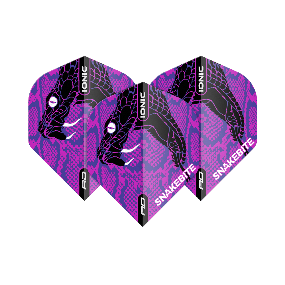 Das Bild zeigt drei Dart-Flights mit einem auffälligen lila-schwarzen Schlangenkopf-Design. Auf den Flights stehen die Wörter "IONIC" und "SNAKEBITE".