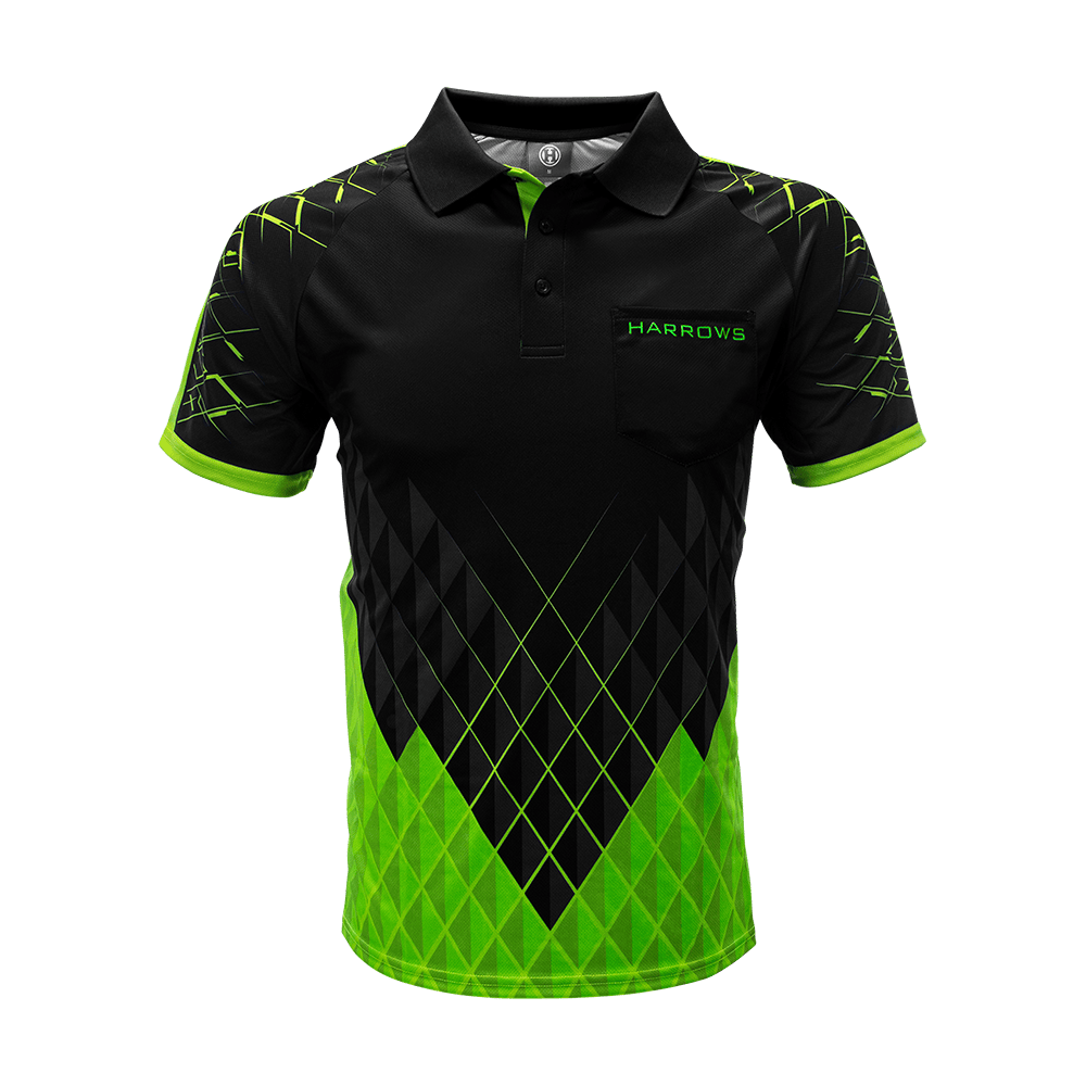 HRS-26333_Harrows_Paragon_Dartshirt_Gr-n_1 Das Bild zeigt das Harrows Paragon Dartshirt in Grün. Das Shirt hat ein auffälliges schwarz-grünes Diamantmuster und einen Kragen mit Knopfleiste.