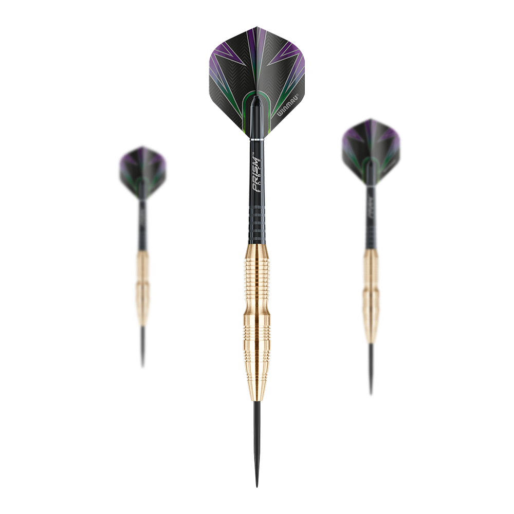 Fléchettes en acier Winmau Simon Whitlock en laiton Winmau Simon Whitlock Brass Steeldarts nebeneinander angeordnet. Die Oberfläche der Darts ist matt und detailreich.