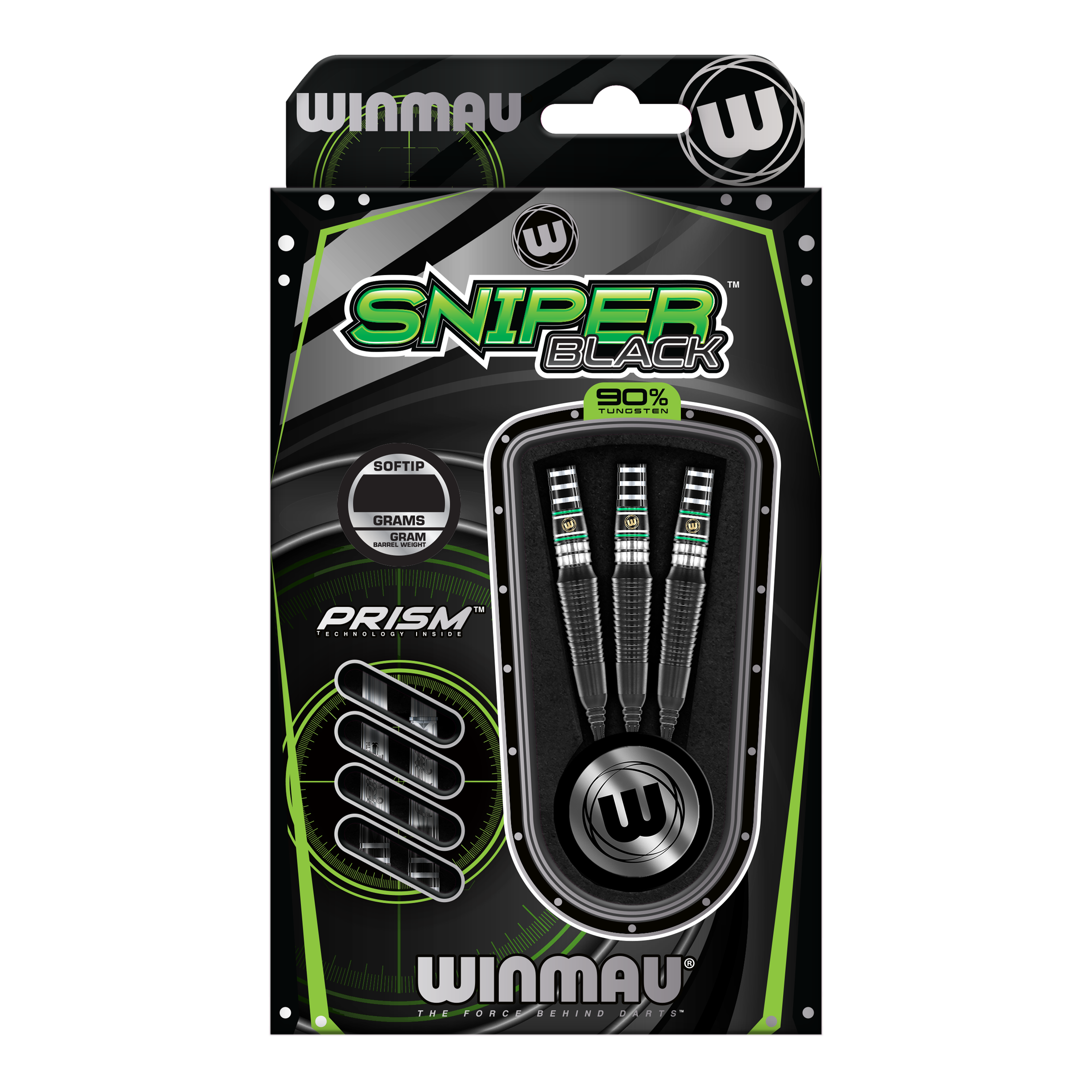 Fléchettes souples Winmau Sniper Black 2025 - 20 g Die Abbildung zeigt die Winmau Sniper Black 2025 Softdarts mit einem Gewicht von 20 Gramm. Die Verpackung ist in Schwarz und Grün gehalten und enthält drei Softdarts mit 90% Tungsten.