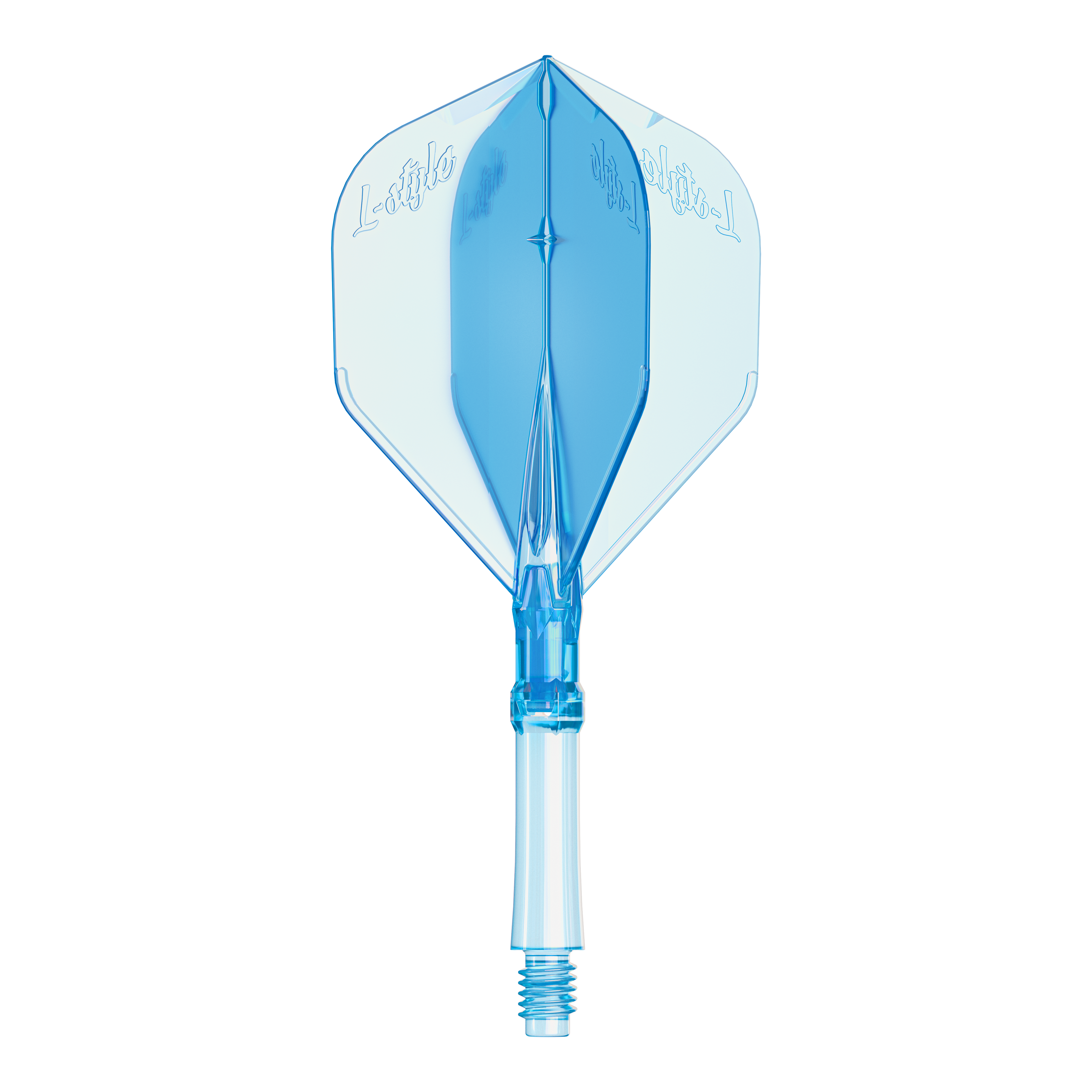 Abgebildet sind L-Style L-System Flights in klarer blauer Farbe, Größe Medium. Diese Flights dienen als Ersatzteile für Dartpfeile.