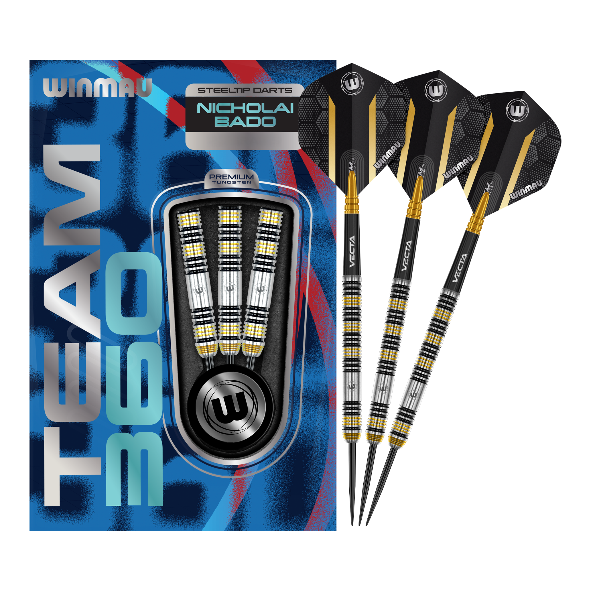 Das Bild zeigt die Winmau Team 360 Nicholai Bado Steeldarts mit 23 Gramm. Diese Darts sind für Präzision und Leistung im Spiel entwickelt.