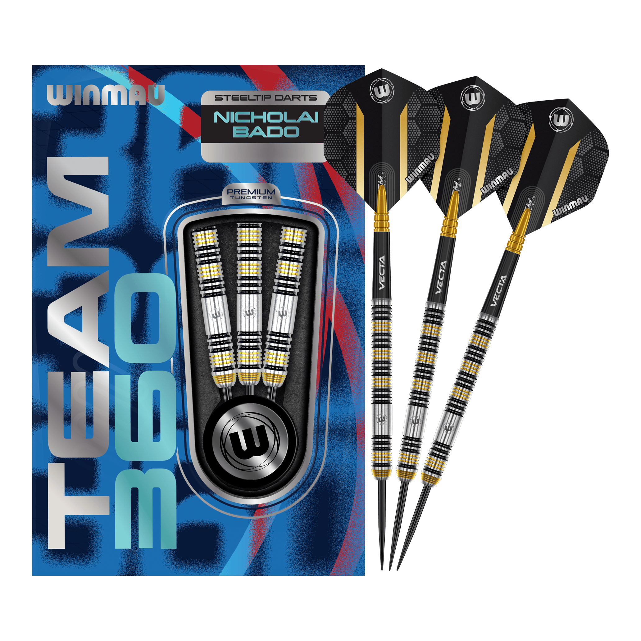 Winmau Team 360 Nicholai Bado Steeldarts - 23g Das Bild zeigt die Winmau Team 360 Nicholai Bado Steeldarts mit 23 Gramm. Diese Darts sind für Präzision und Leistung im Spiel entwickelt.