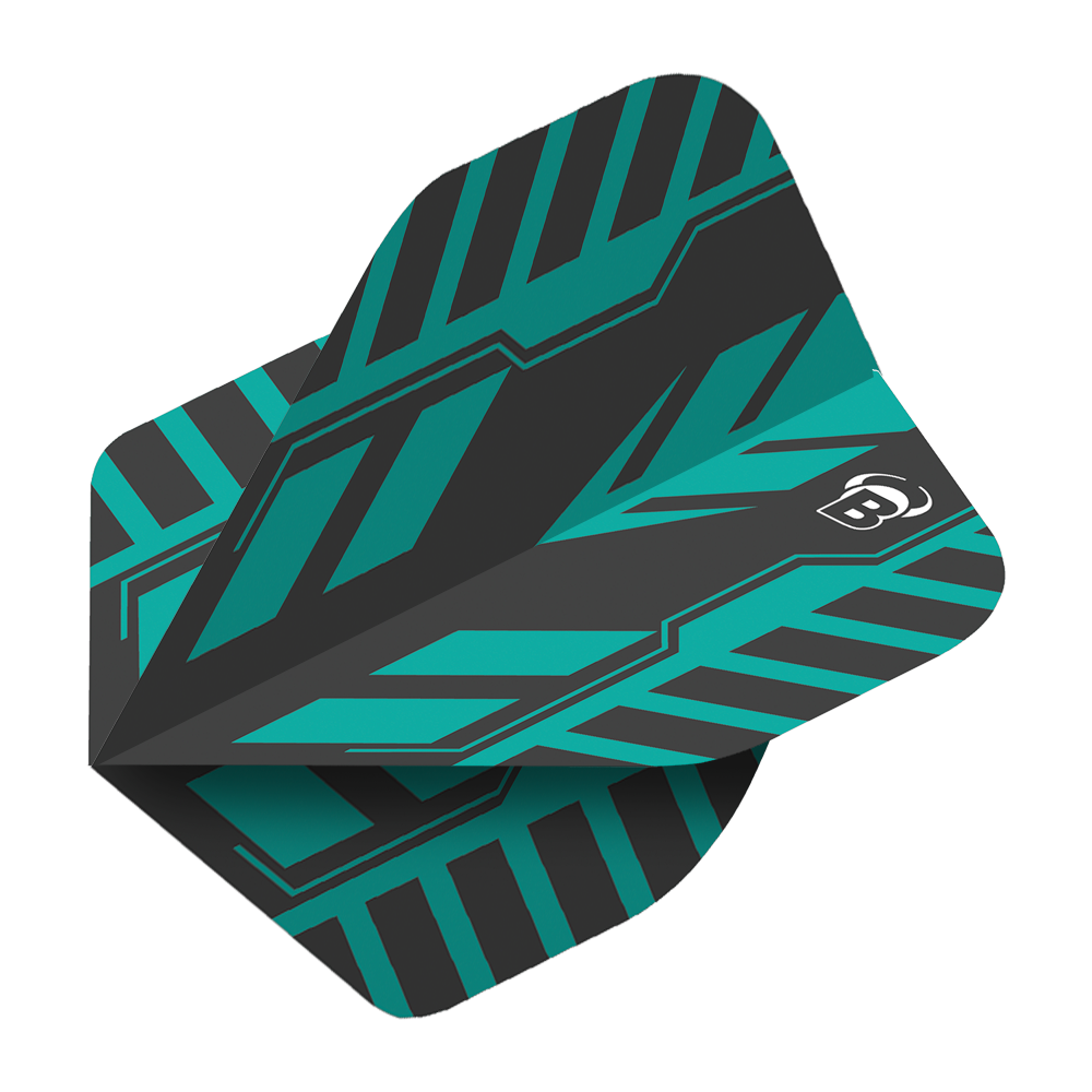 Vols standard Bulls B-Star Veco n°2 Das Bild zeigt das Produkt "Bulls B-Star Veco No2 Standard Flights". Es hat ein modernes, grafisches Design in Schwarz und Türkis mit einem weißen "B"-Logo.