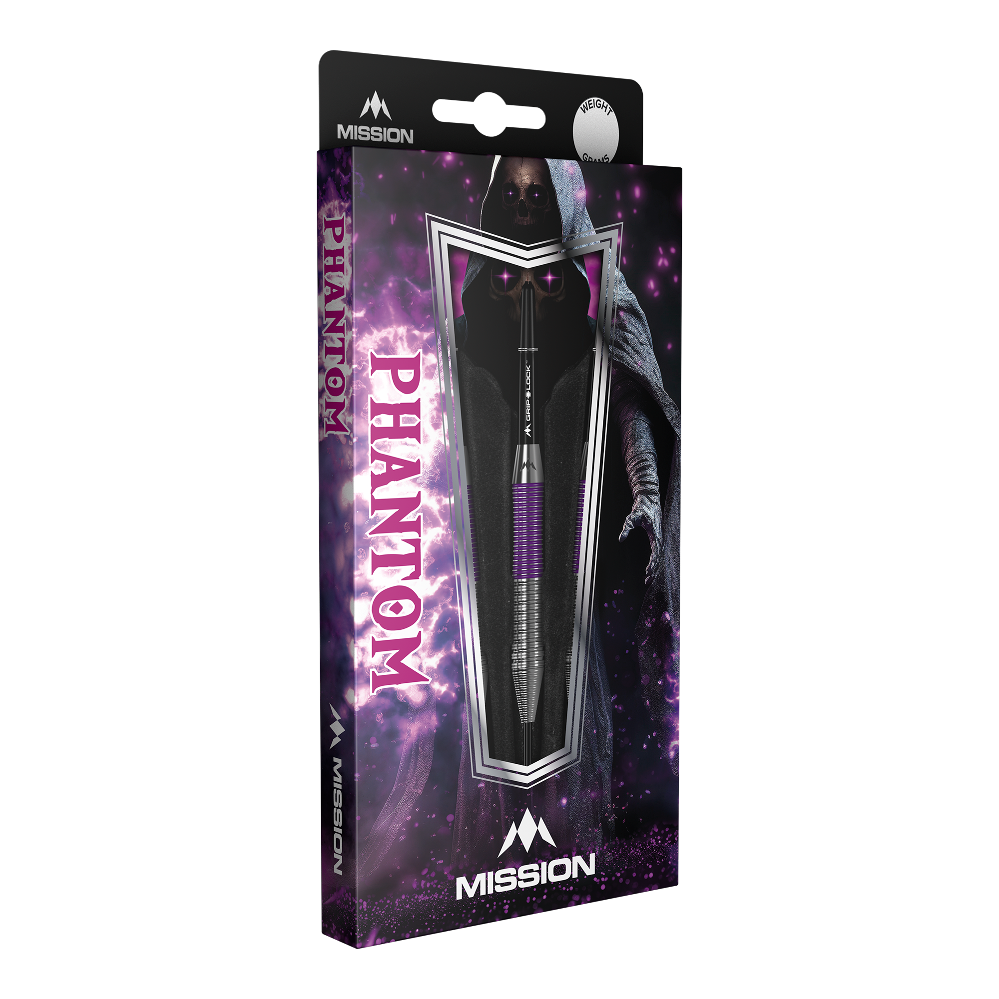 Fléchettes Mission Phantom en laiton et acier - 22 g Die Abbildung zeigt die Verpackung der "Mission Phantom Brass Steeldarts - 22g". Die Verpackung ist überwiegend lila und schwarz gestaltet und zeigt einen Dartpfeil sowie eine geheimnisvolle, schattenhafte Figur im Hintergrund.