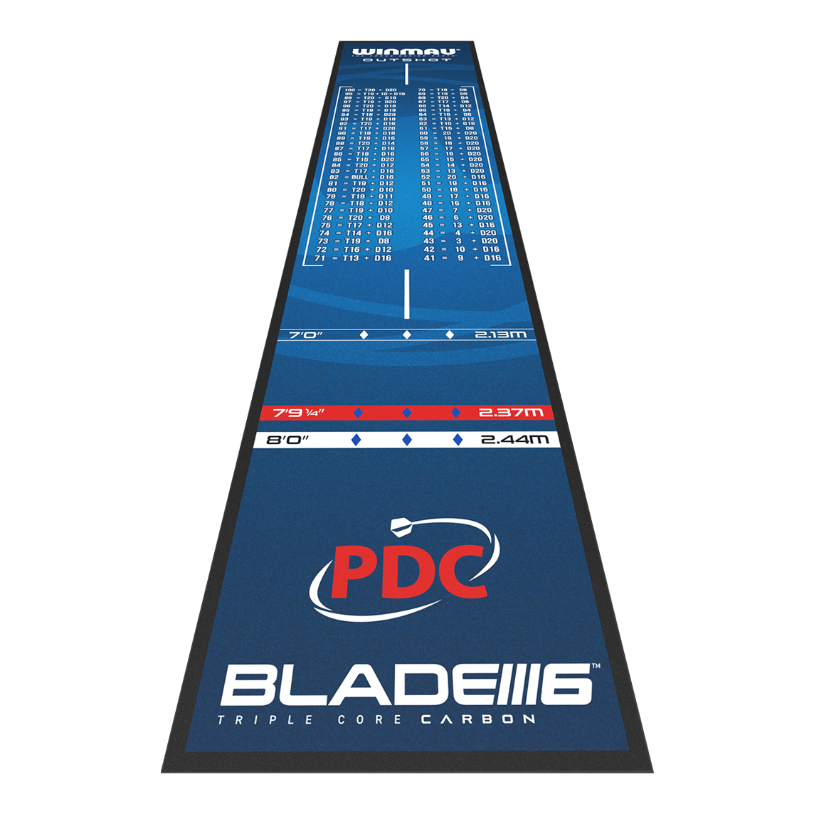 Tapis de fléchettes Winmau Outshot Die Abbildung zeigt die Winmau Outshot Dartmatte 2024 in blauem Design. Auf der Matte sind verschiedene Abwurflinien, Checkout-Tabelle und das PDC-Logo abgebildet.