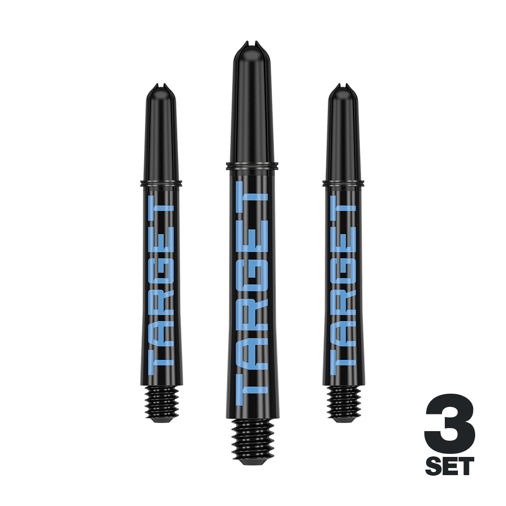 Tiges Target Pro Grip TAG - 3 jeux - Noir et bleu Das Bild zeigt drei schwarze Dartschäfte mit blauer Aufschrift "TARGET". Unten rechts steht "3 SET", was auf ein Set aus drei Stück hinweist.