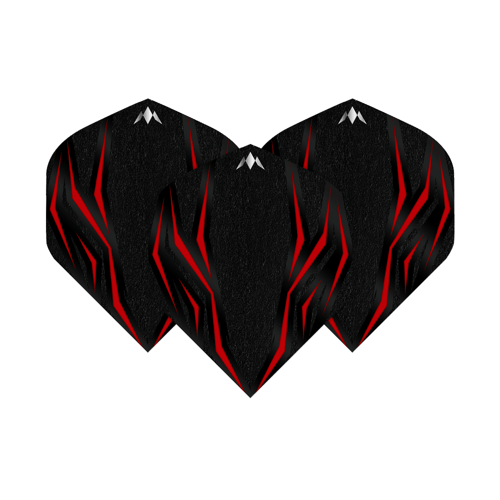 Vols standard Mission Lava Red No2 Das Bild zeigt drei schwarze Dartflights mit roten, lavaähnlichen Mustern. Die Flights sind das Modell "Mission Lava Red No2 Standard Flights".