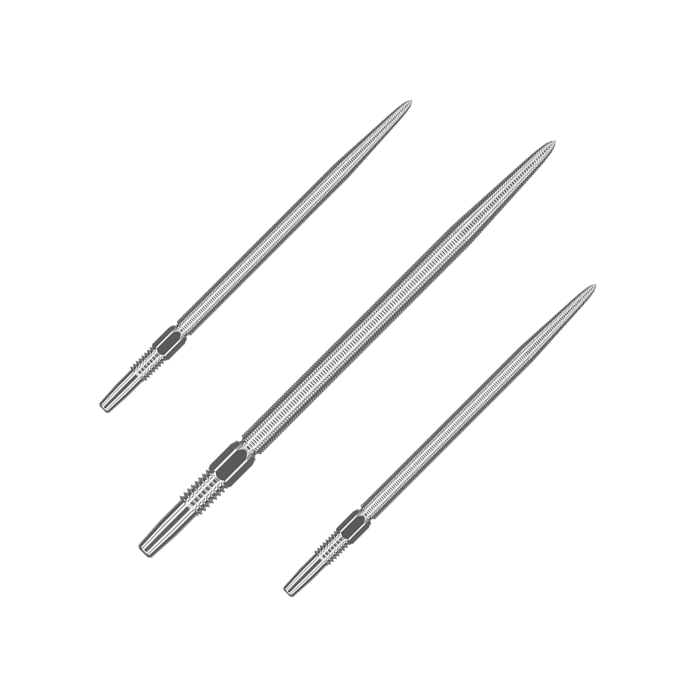 Pointes de fléchettes Target Swiss Point Nano - Argent Das Bild zeigt drei silberne Dartspitzen, die nebeneinander angeordnet sind. Sie sind lang, schmal und haben gerillte Bereiche am hinteren Ende.