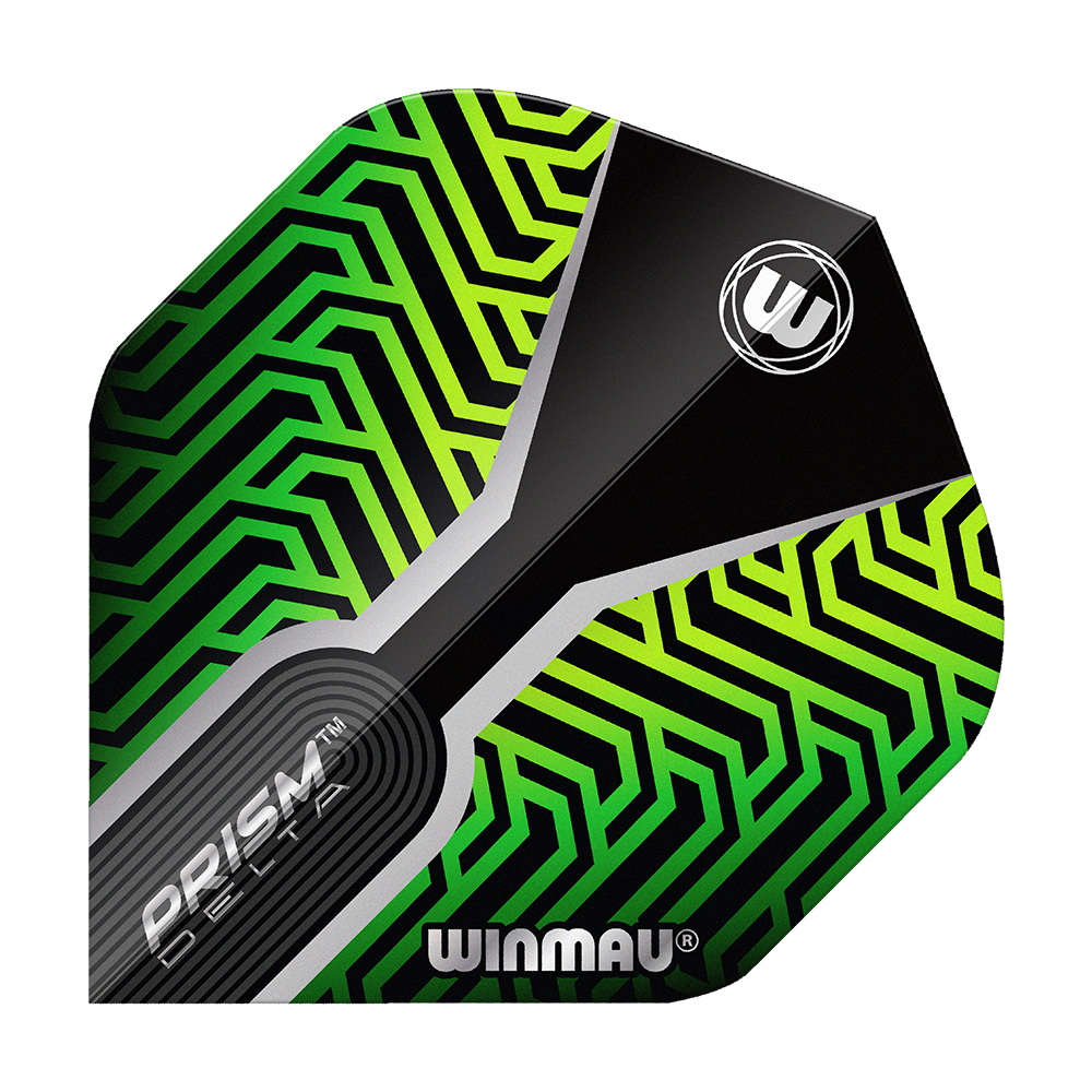 Das Bild zeigt ein Dartflight mit dem Namen "Winmau Prism Delta Kairos No2 Standard Flights Grün". Das Flight hat ein auffälliges grünes und schwarzes geometrisches Muster mit dem Winmau-Logo.