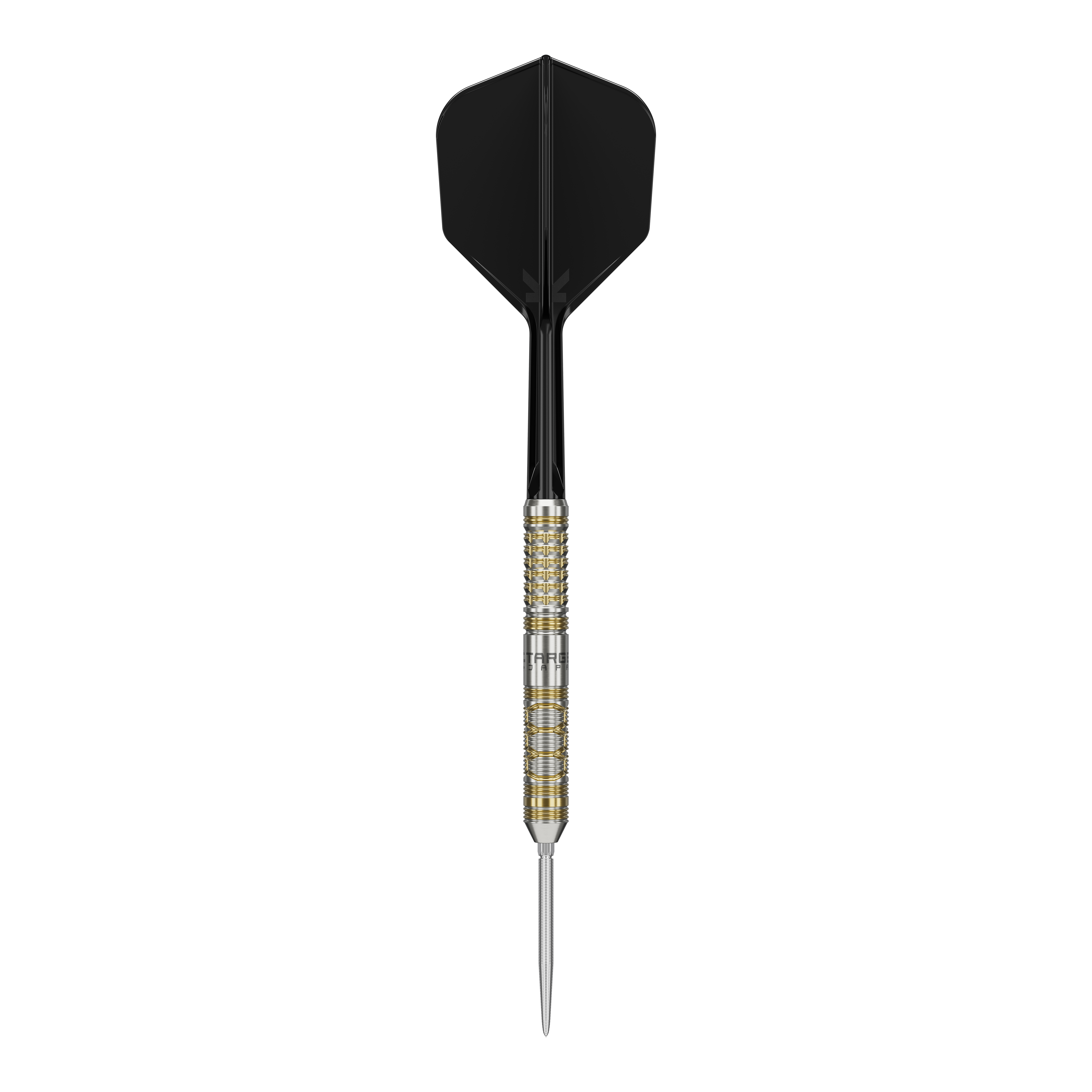Fléchettes en acier Target Japan Black Marque Reyn GEN2 Das Bild zeigt einen Steeldart mit schwarzem Flight und gold-silbernem Barrel. Es handelt sich um das Produkt "Target Japan Black Marque Reyn GEN2 Steeldarts".