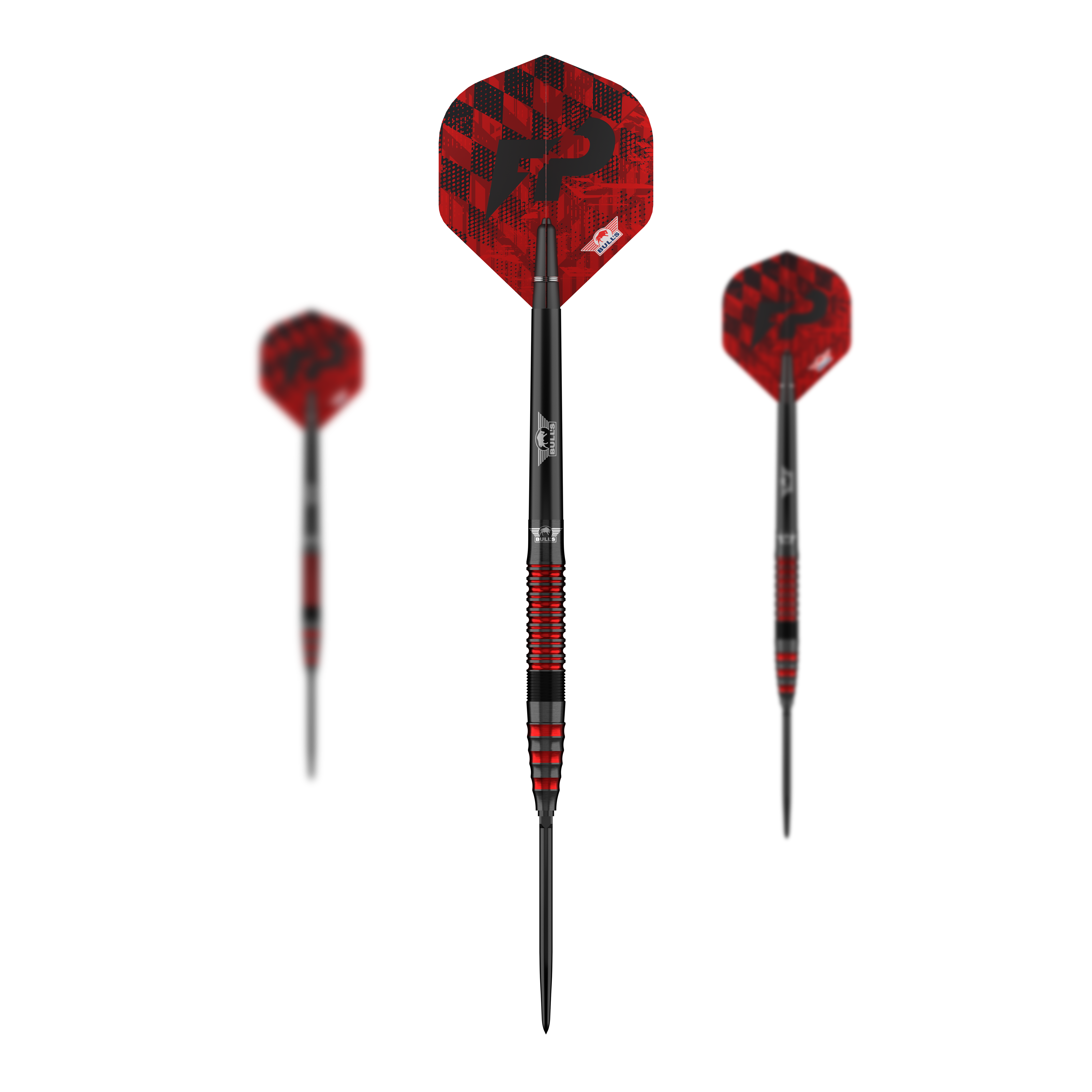 Bulls NL Florian Price 90 Point Convertible Steeldarts Das Bild zeigt das komplette Set Bulls NL Florian Preis 90 Convertible Point Steeldarts. Die Darts sind silberfarben.