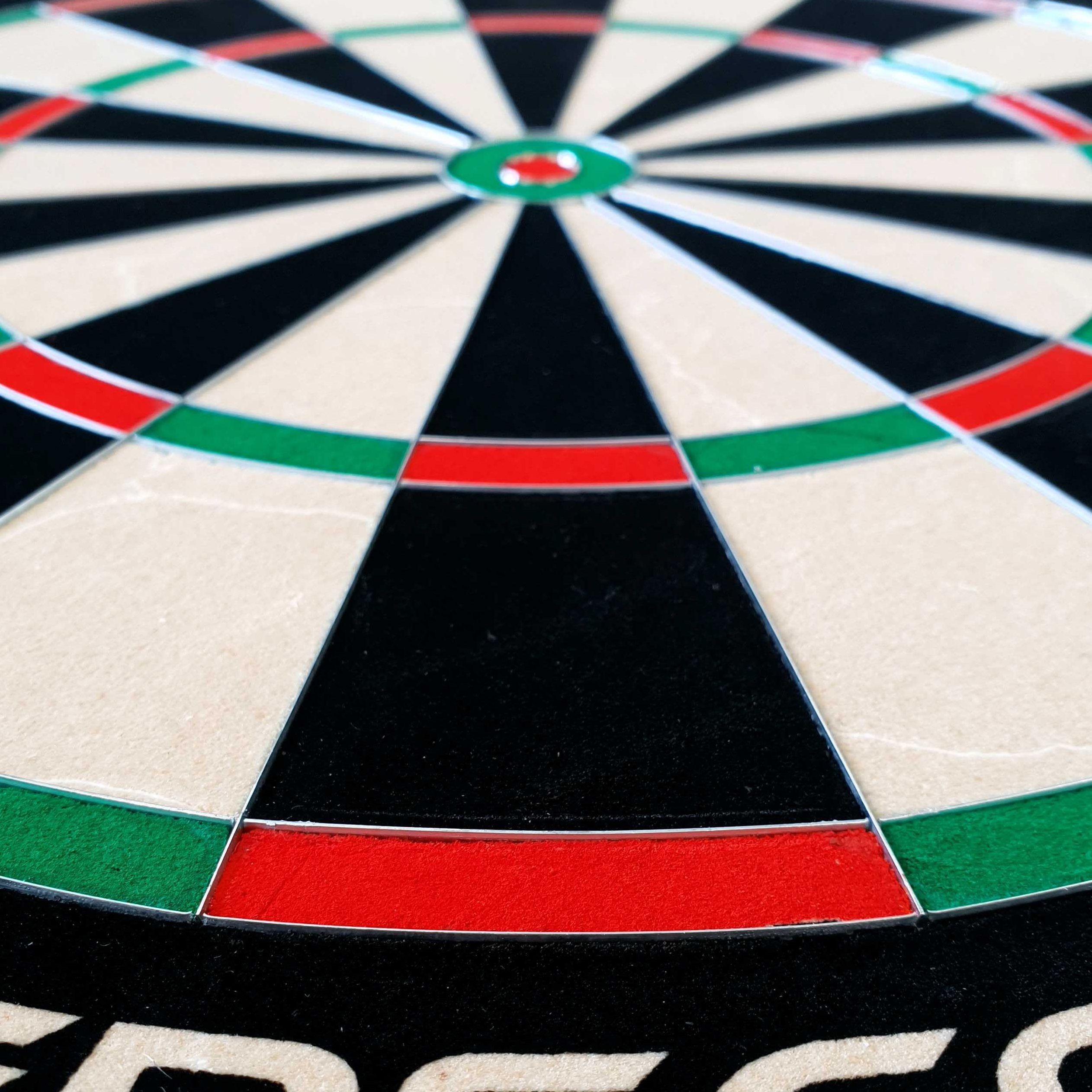 Cible de fléchettes en acier GOAT Everscore Das Bild zeigt ein GOAT Everscore Steeldartboard aus nächster Nähe. Die farbigen Felder und der Mittelpunkt sind deutlich erkennbar.
