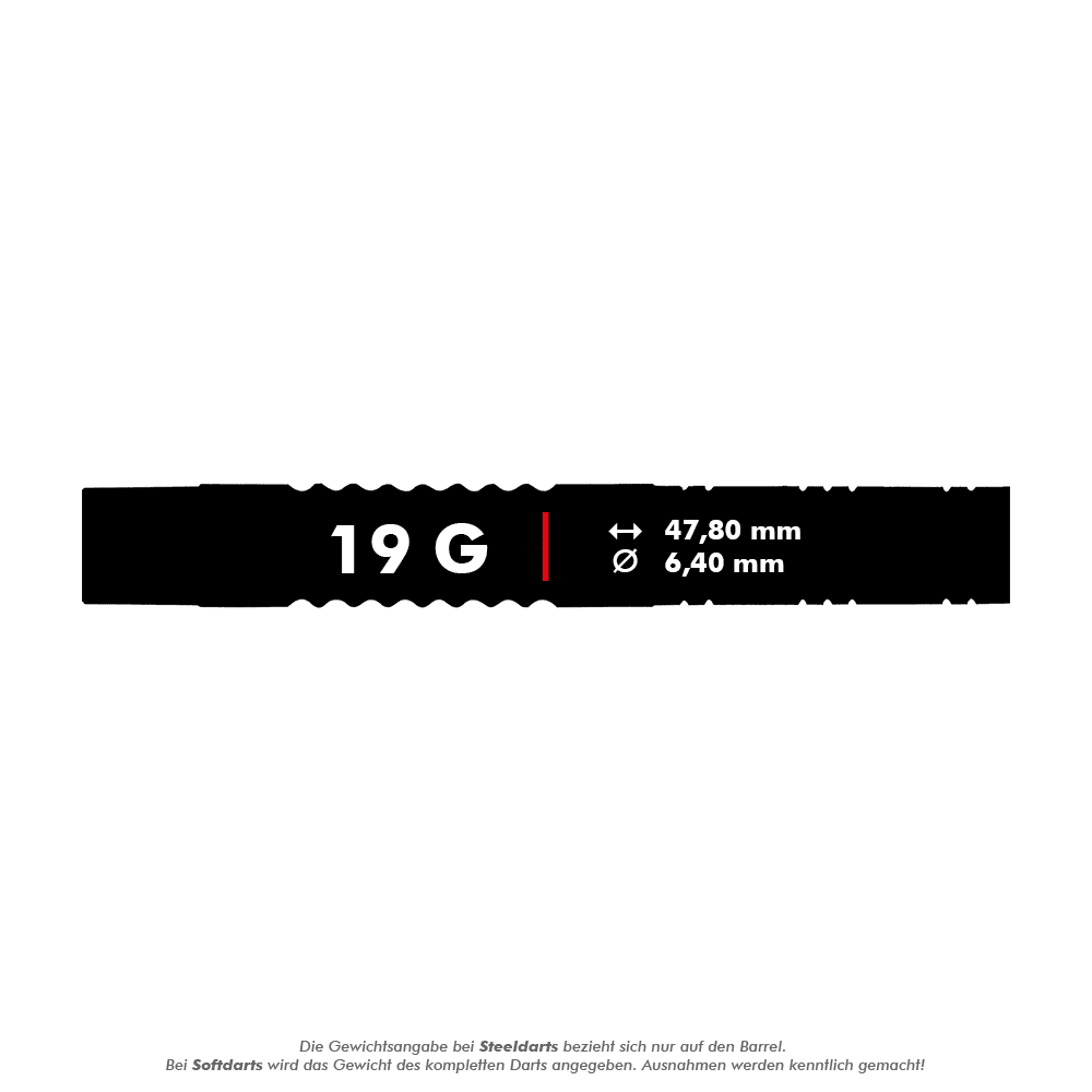 06033_Unicorn_Autograph_Softdarts_5_19g Das Bild zeigt Informationen zu den Unicorn Autograph Softdarts mit einem Gewicht von 19 Gramm. Die Darts haben eine Länge von 47,80 mm und einen Durchmesser von 6,40 mm.