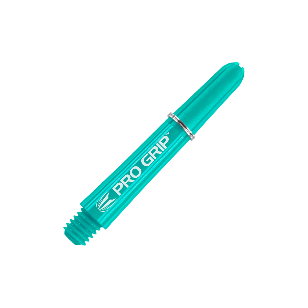 Tiges Target Pro Grip - 3 jeux - Aqua Das Bild zeigt einen aqua-blauen Pro Grip Dart-Schaft mit silbernem Ring. Auf dem Schaft steht der Schriftzug „PRO GRIP“.