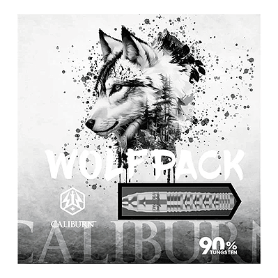 Das Bild zeigt die Verpackung der Caliburn Wolfpack W3 Steeldarts mit einem Wolf als Motiv. Die Darts bestehen zu 90 % aus Tungsten und wiegen 21 Gramm.