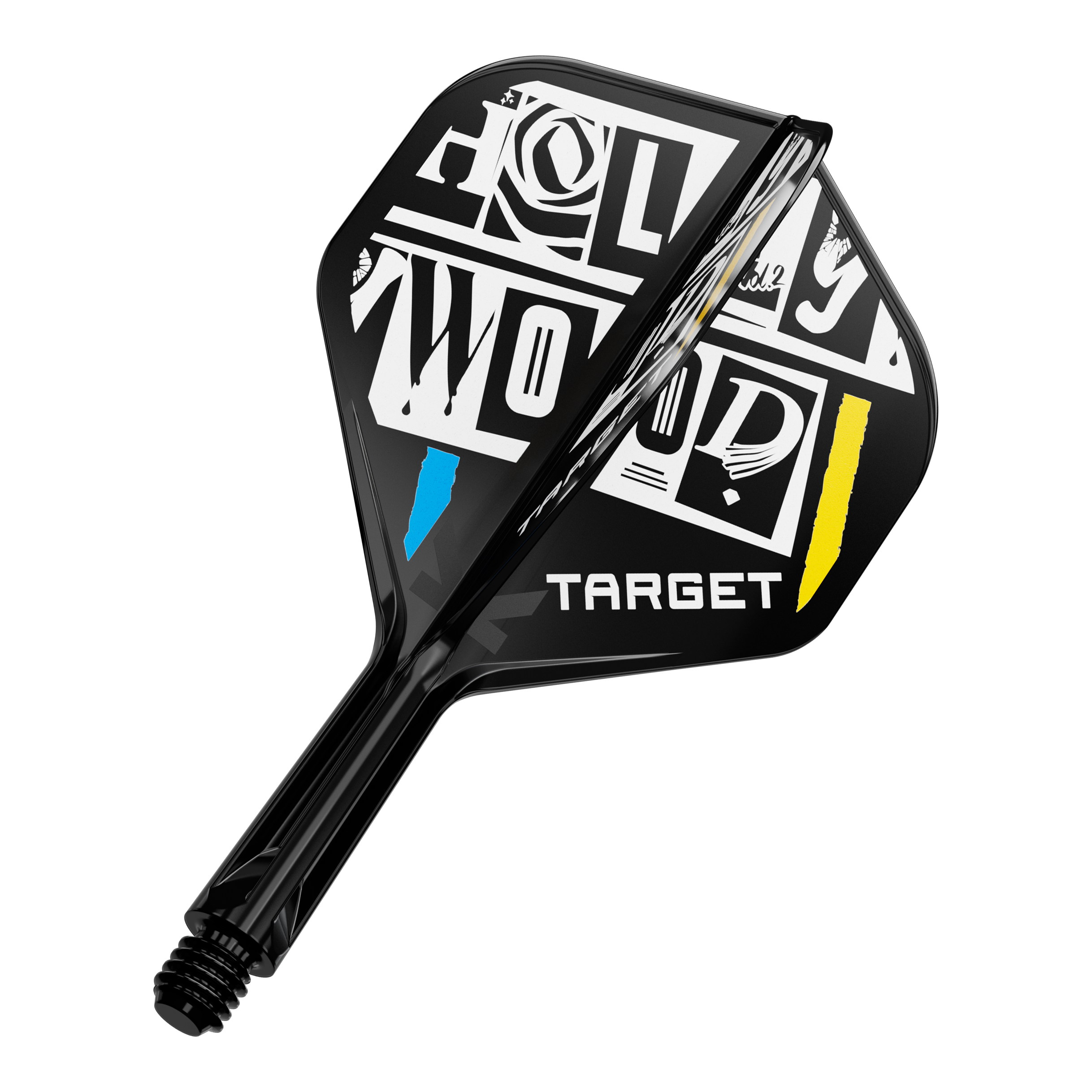 Système de tige de vol standard Target K-Flex Chris Dobey n° 2 Das Bild zeigt einen Dartpfeil-Flügel mit auffälligem schwarz-weißem Design und den farbigen Akzenten Blau und Gelb. Auf dem Flügel steht das Wort "TARGET" und ein grafisch gestalteter Schriftzug "HOLLYWOOD".