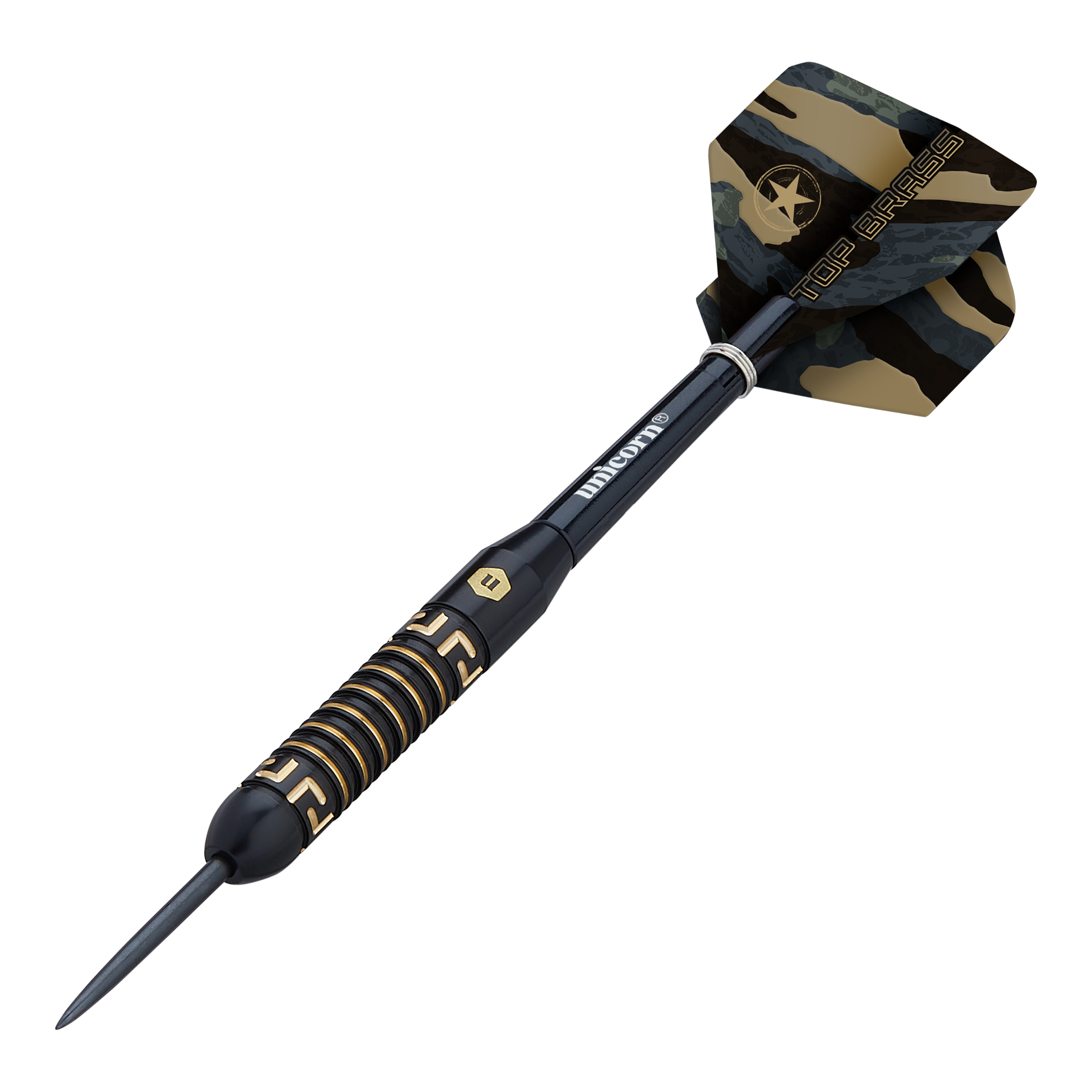 Fléchettes en acier Unicorn Top Brass V1 - 20 g Dies ist ein Steeldart namens "Unicorn Top Brass V1" mit einem Gewicht von 20g. Der Dart hat ein schwarzes und goldenes Design sowie einen Camouflage-Flügel mit der Aufschrift "Top Brass".
