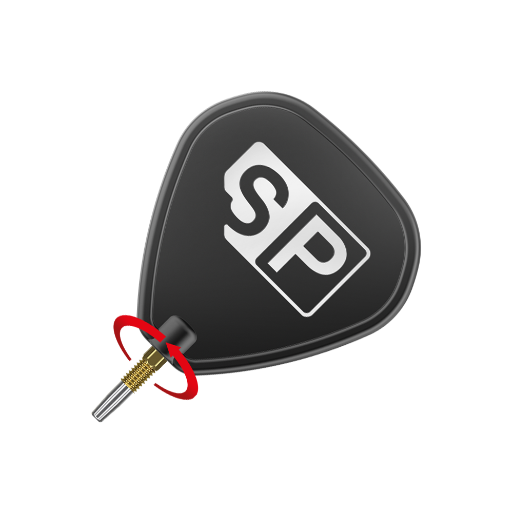 Pointes de fléchettes Target Swiss Firepoint Gold Das Bild zeigt eine schwarze Dart-Flightscheibe mit dem weißen Aufdruck "SP". Darunter ist eine goldene Dartspitze mit einem roten Pfeil, der eine Drehbewegung anzeigt.