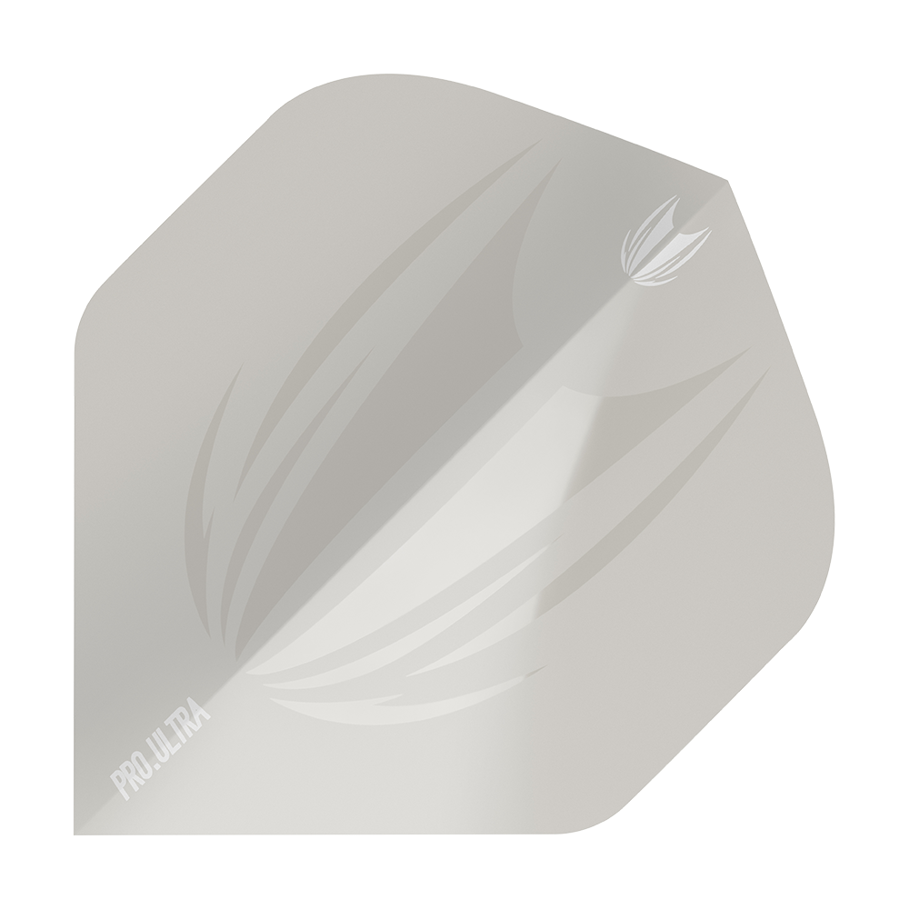 TG416_Target_ProUltra_ID_Grey_No2_Standard_Flights_1 Das Bild zeigt das Produkt "Target ProUltra ID Grey No2 Standard Flights". Es handelt sich um ein graues Dartflight mit einem dezenten Muster und dem Schriftzug "PRO.ULTRA" in der Ecke.