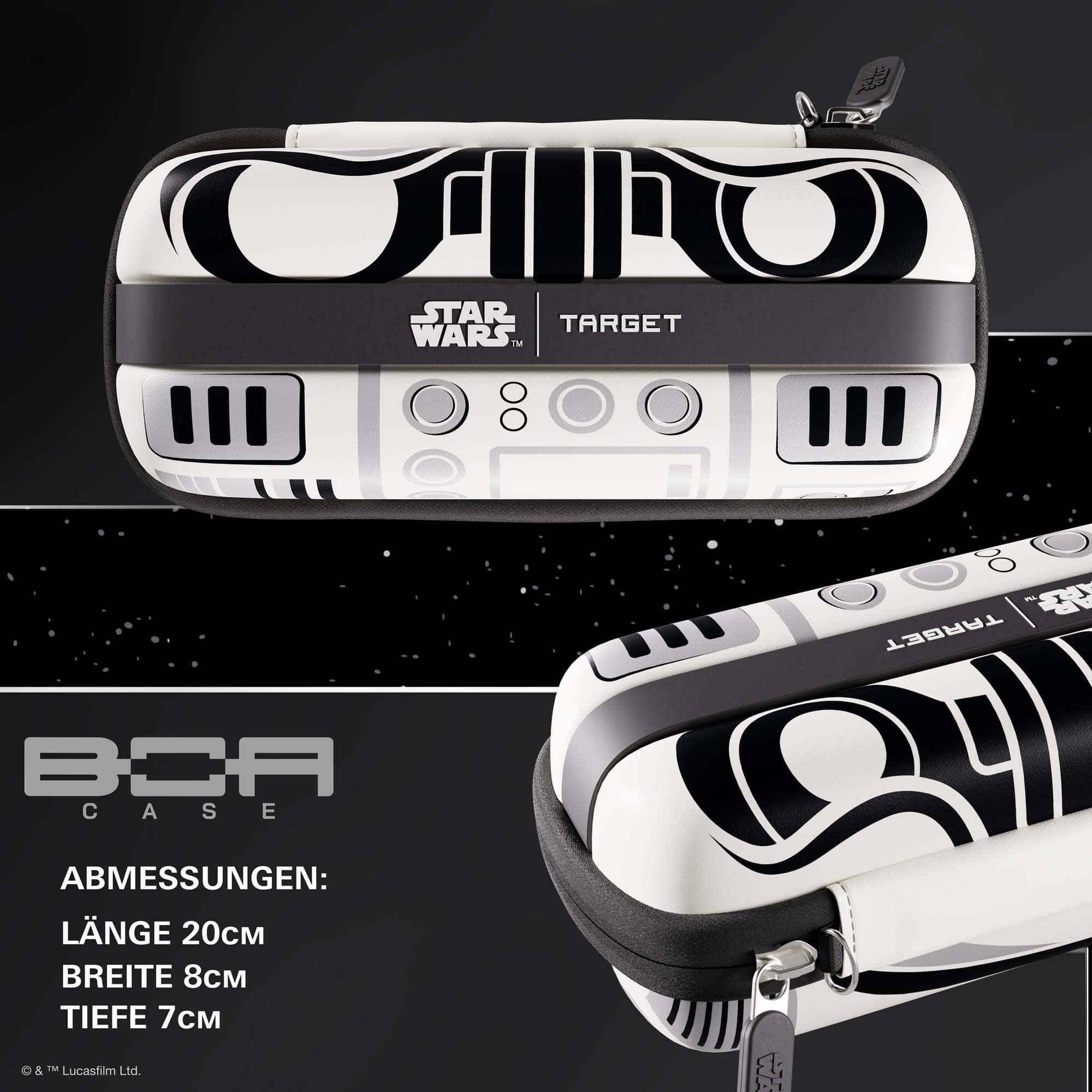 Étui à fléchettes Target Star Wars Boa - Stormtrooper Auf diesem Bild sieht man das Target Star Wars Boa Dartcase im Stormtrooper Design. Das Dartcase ist im Stil der Star Wars Stormtrooper gestaltet.