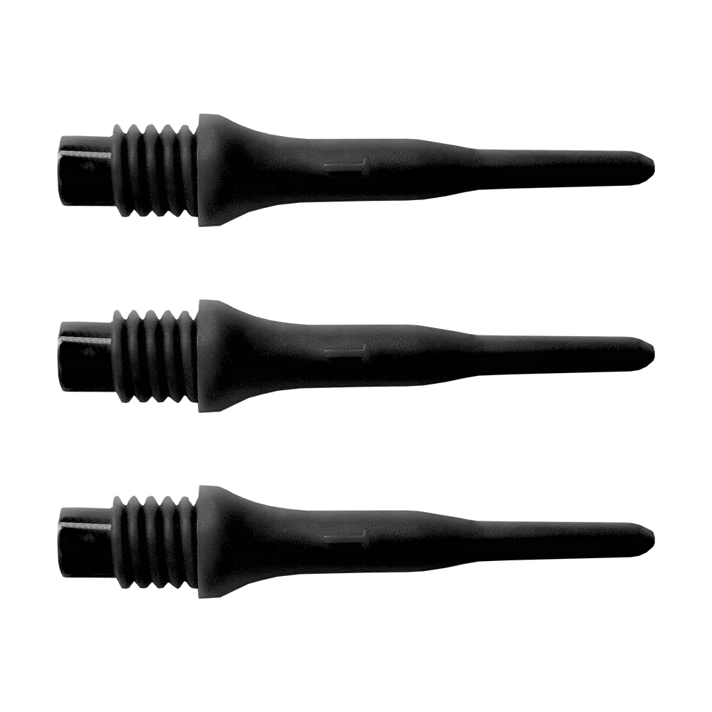 896_Bulls_Tefo_X_Softdart-Spitzen_100erPack_Schwarz_1 Das Bild zeigt drei schwarze Bulls Tefo X Spitzen. Diese Spitzen sind für Softdartpfeile und werden hier als 100er Pack angeboten.