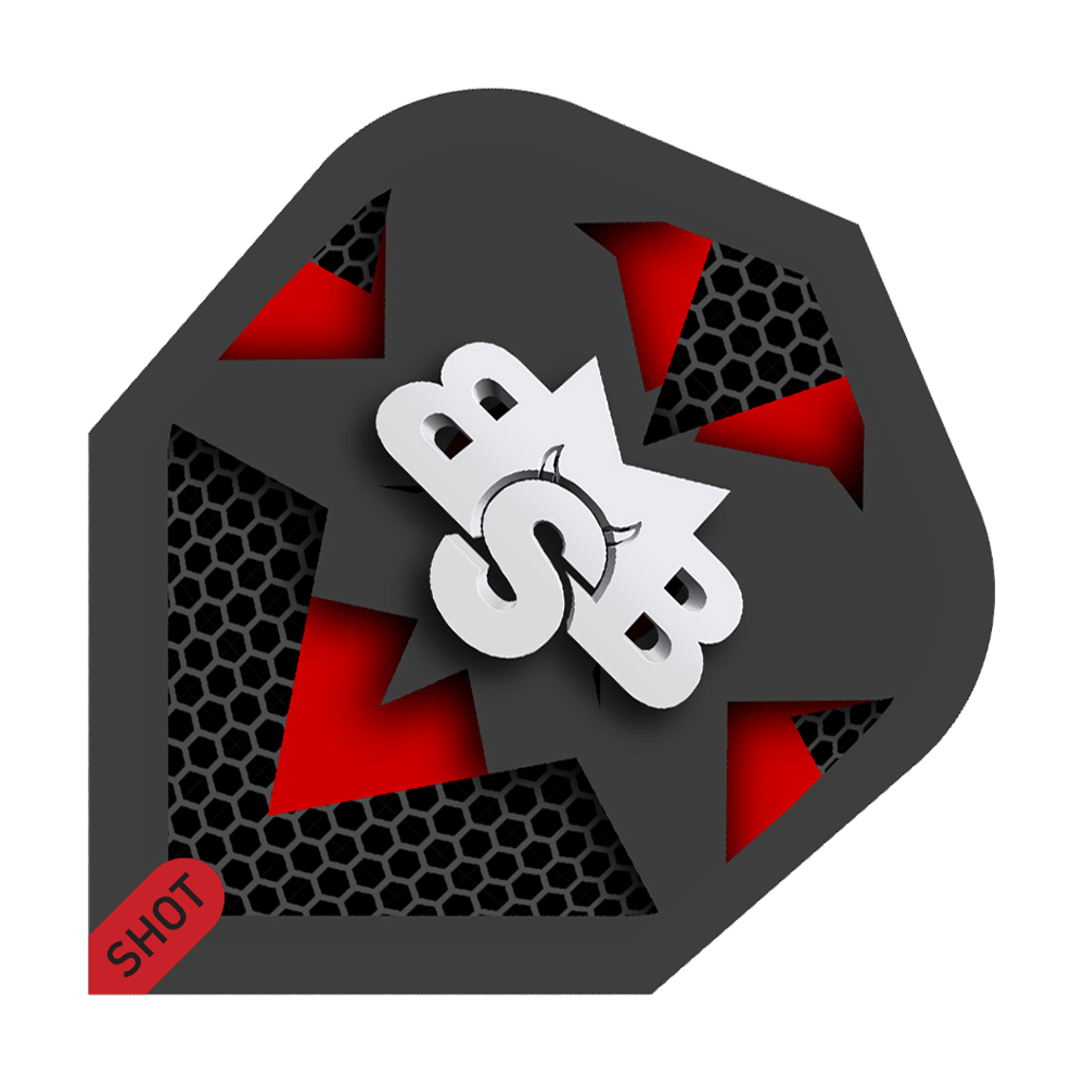 Shot Michael Smith Tenacious No6 Flights Das Bild zeigt ein Dartflight mit einem modernen Design in Schwarz, Rot und Weiß. In der Mitte sind die Buchstaben "MSB" und ein kleiner Stierkopf zu sehen, unten links steht "SHOT".